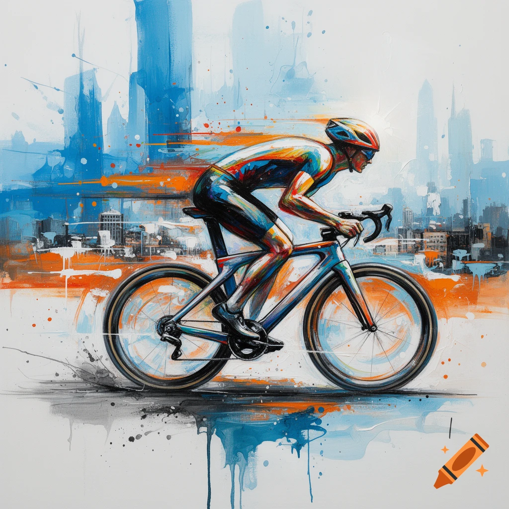 Abstract painting of a cyclist on a racing bike speeding through a ...