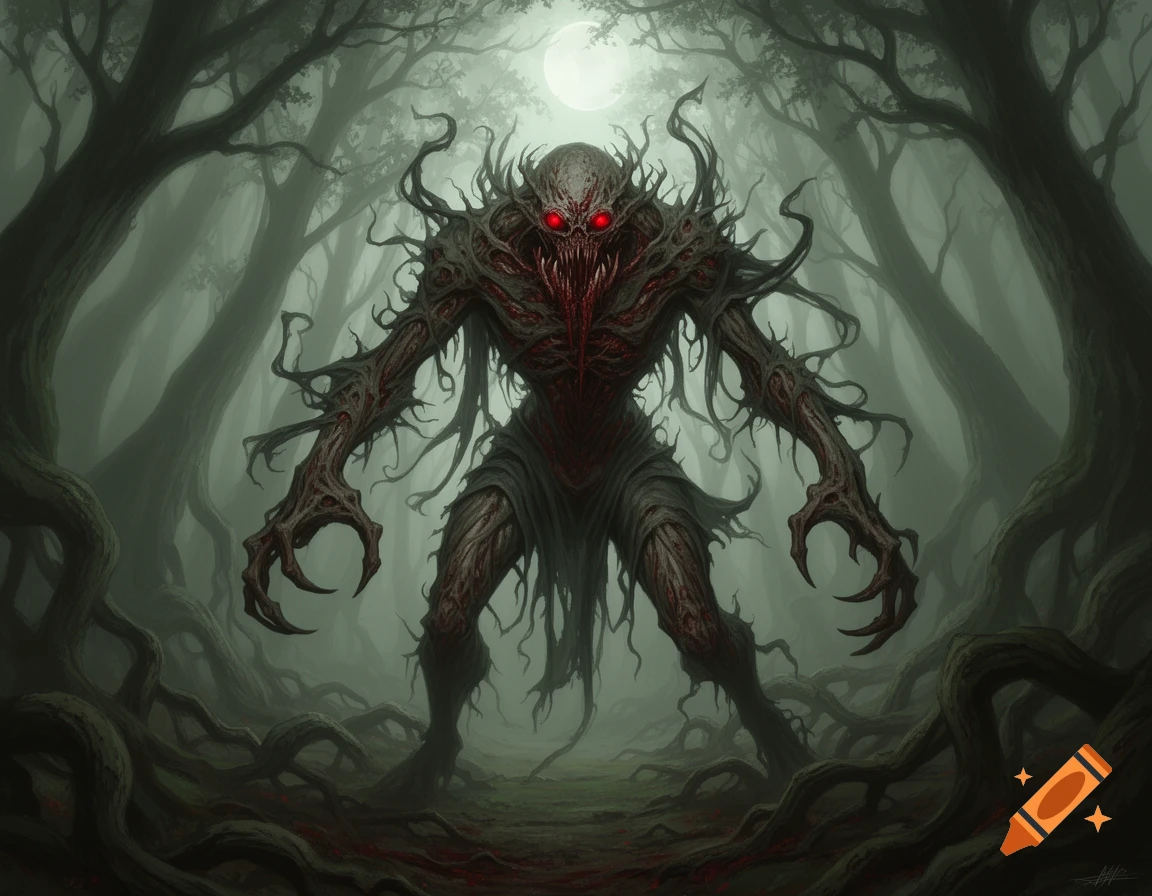 A grotesque horror monster with glowing red eyes and sinewy roots ...
