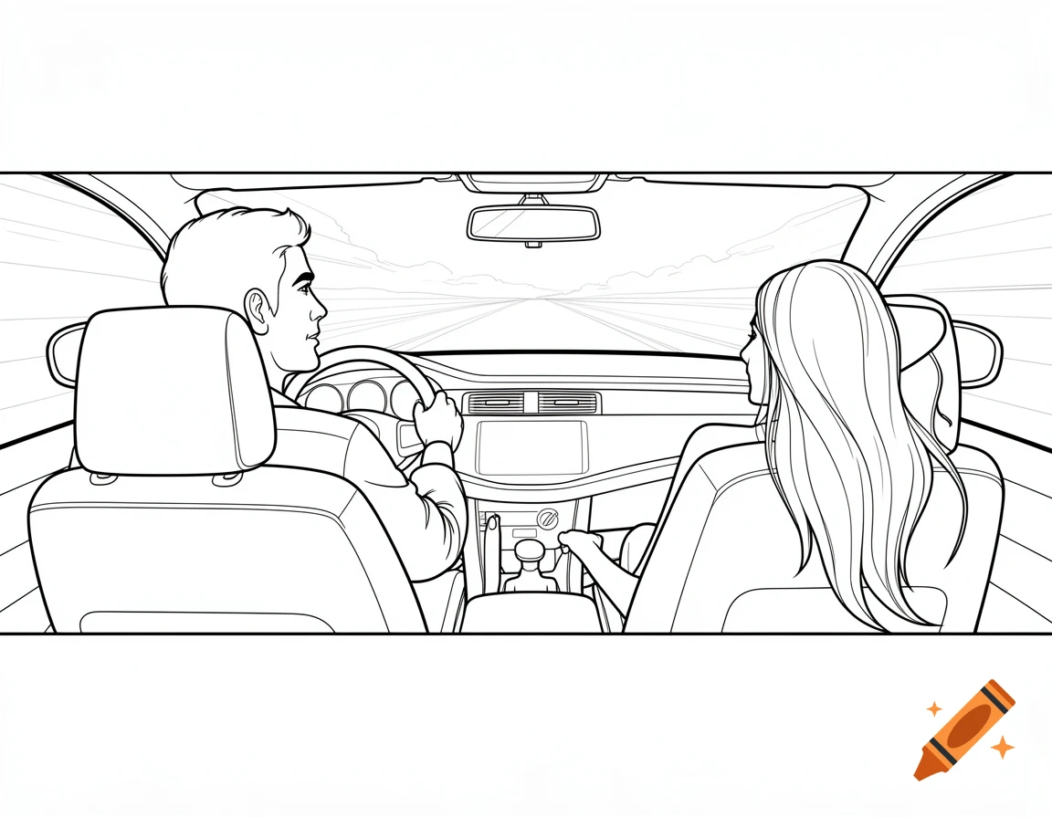 Black and white line drawing of a man driving a car with a woman passenger, viewed from the back seat.