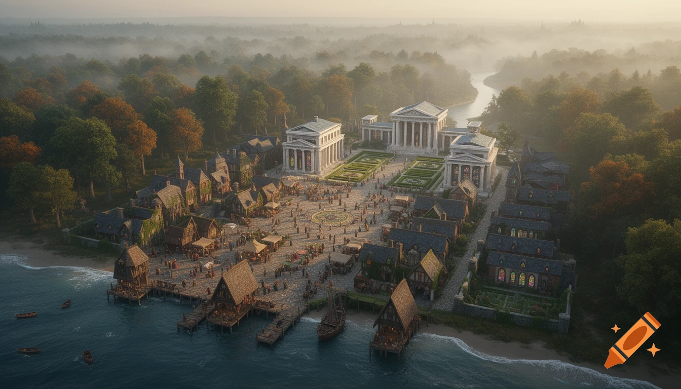 Cinematic aerial view of a bustling medieval fantasy city on a misty ...