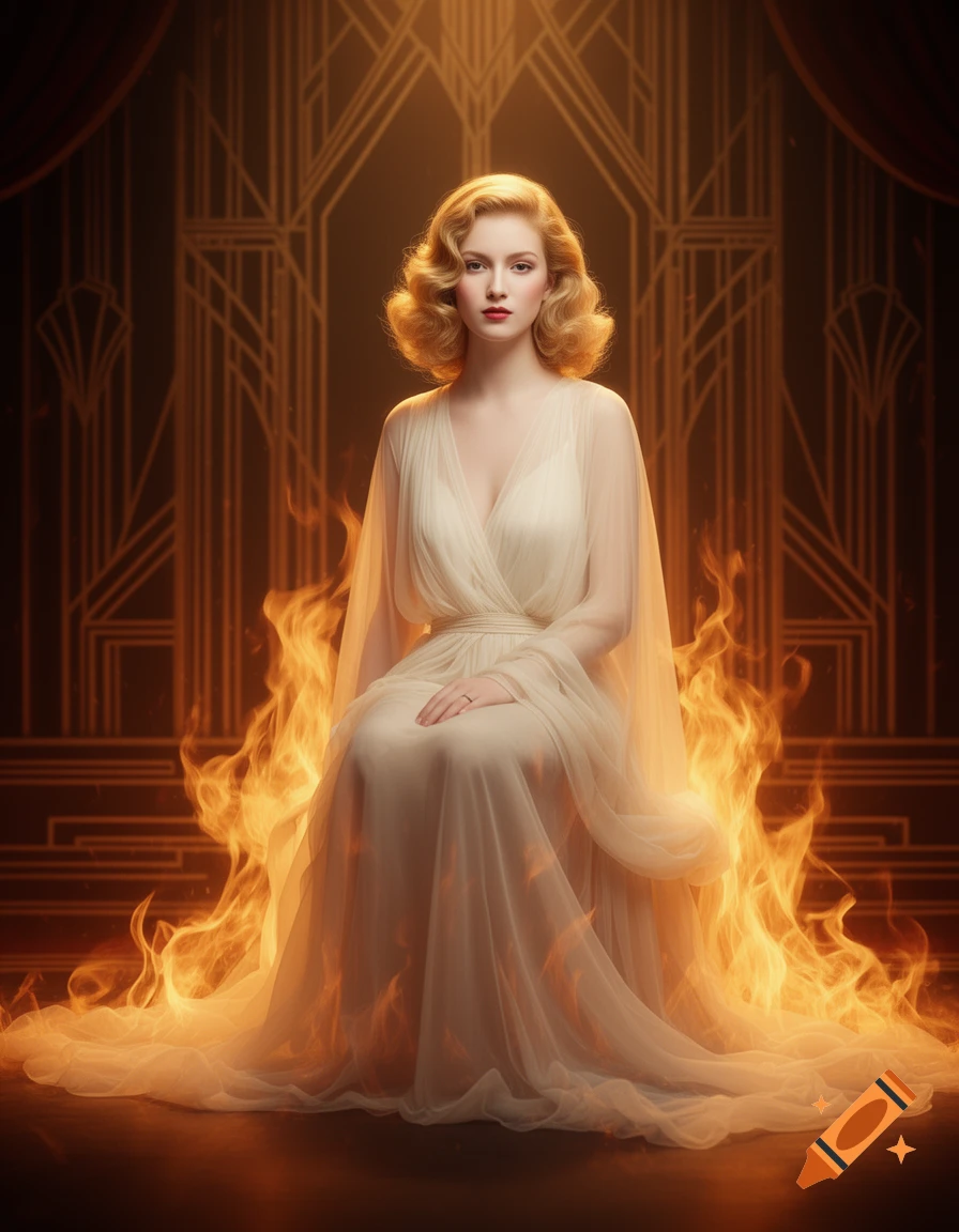 A woman with blonde hair in a flowing ivory dress sits elegantly, surrounded by luminous flames, in a 1920s Art Deco style.