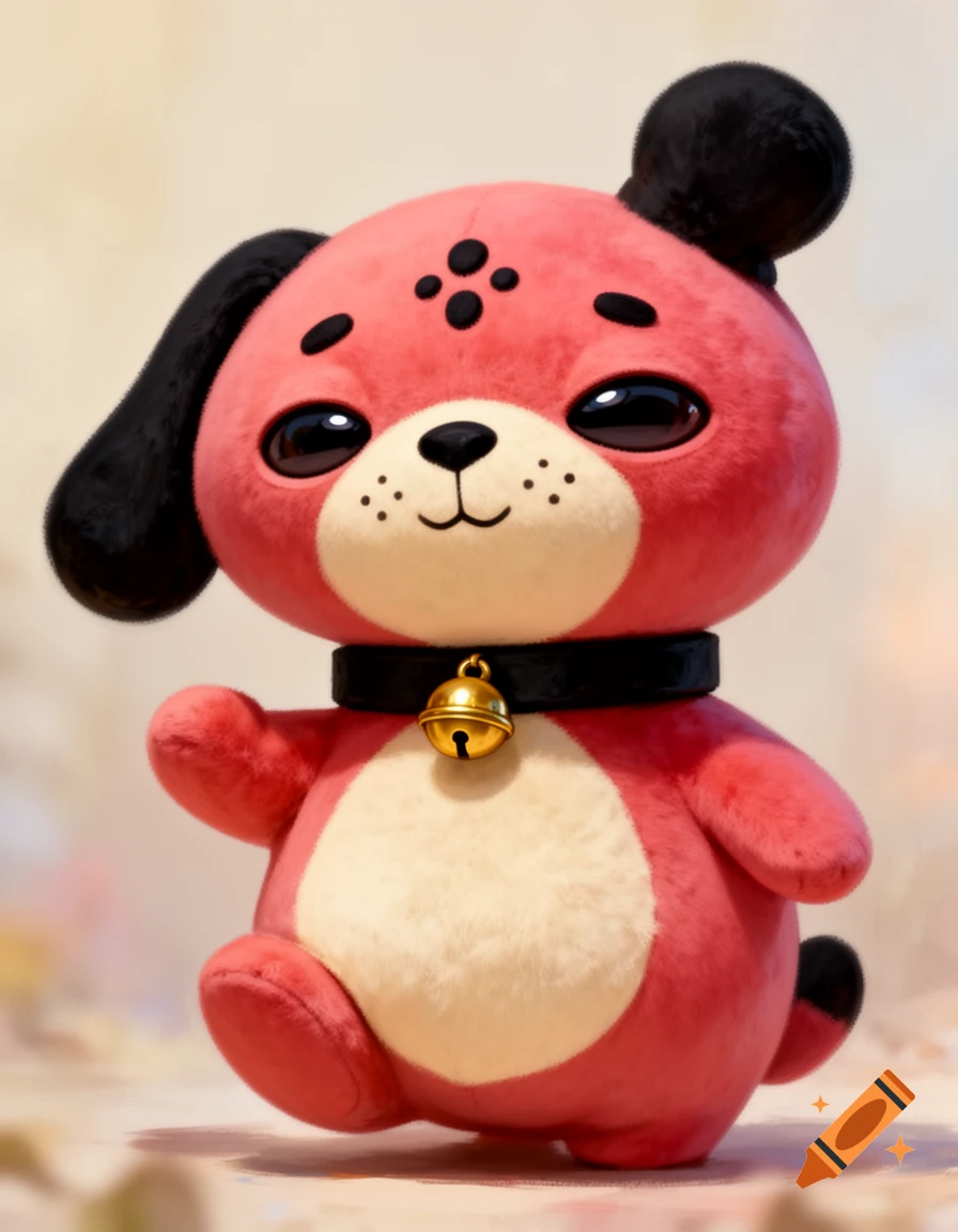 A cute, stylized, plush red-pink dog with black floppy ears, a white belly, and a black collar with a gold bell.