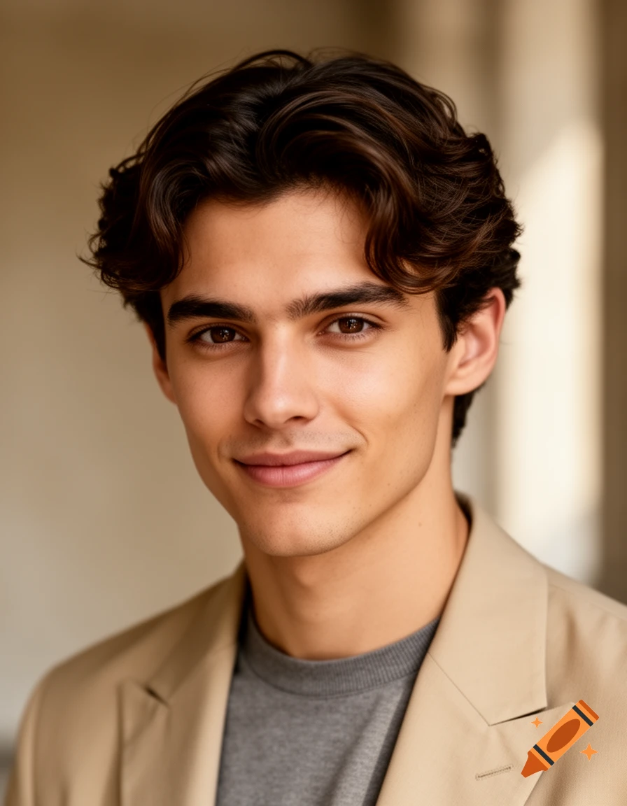 Photorealistic portrait of a young man with dark wavy hair and brown ...