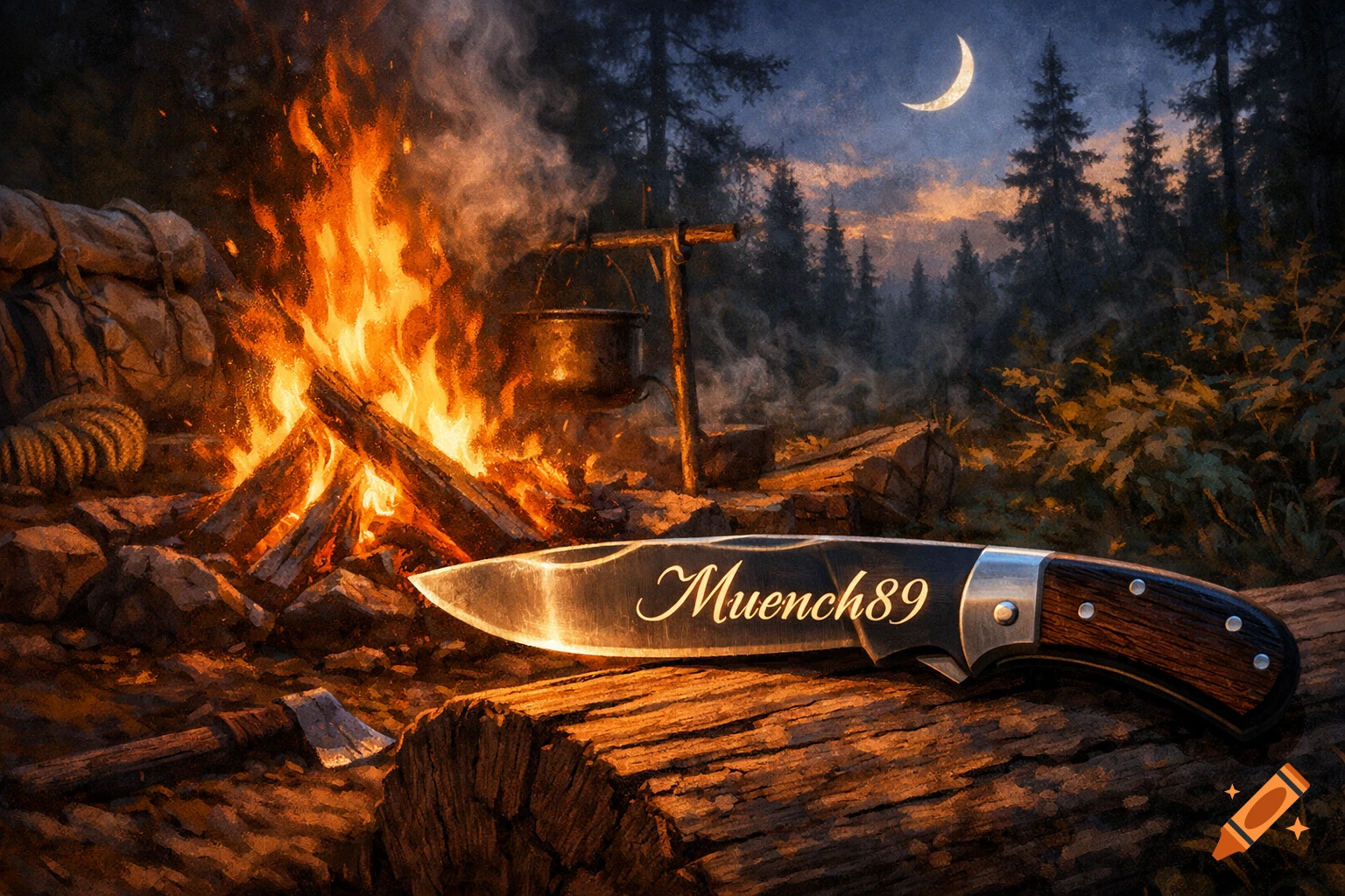 A detailed painting of a bushcraft campfire with a knife bearing the name 'Muench89' on a log in the foreground, under a crescent moonlit forest.