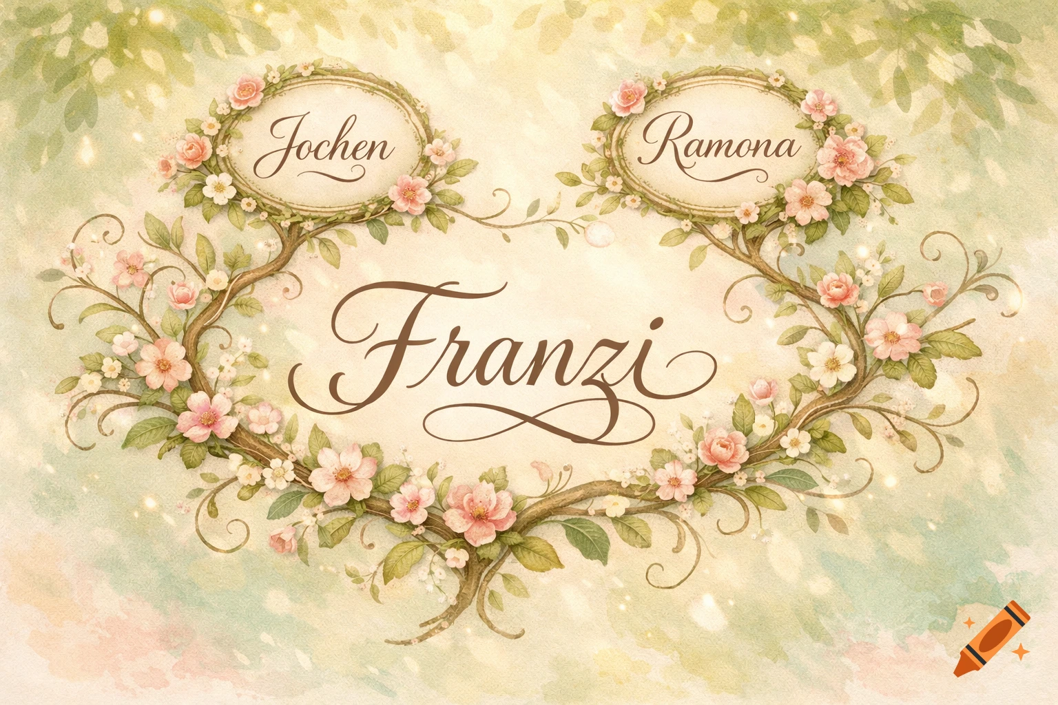 Watercolor illustration of a floral family tree with names Jochen, Ramona, and Franzi.