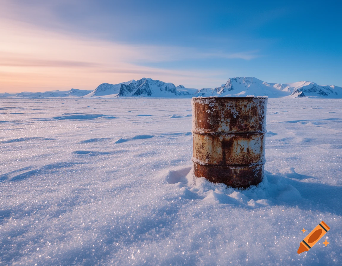 A rusty oil barrel stands in a vast, sparkling snowfield with distant, snow-capped mountains under a colorful sky.