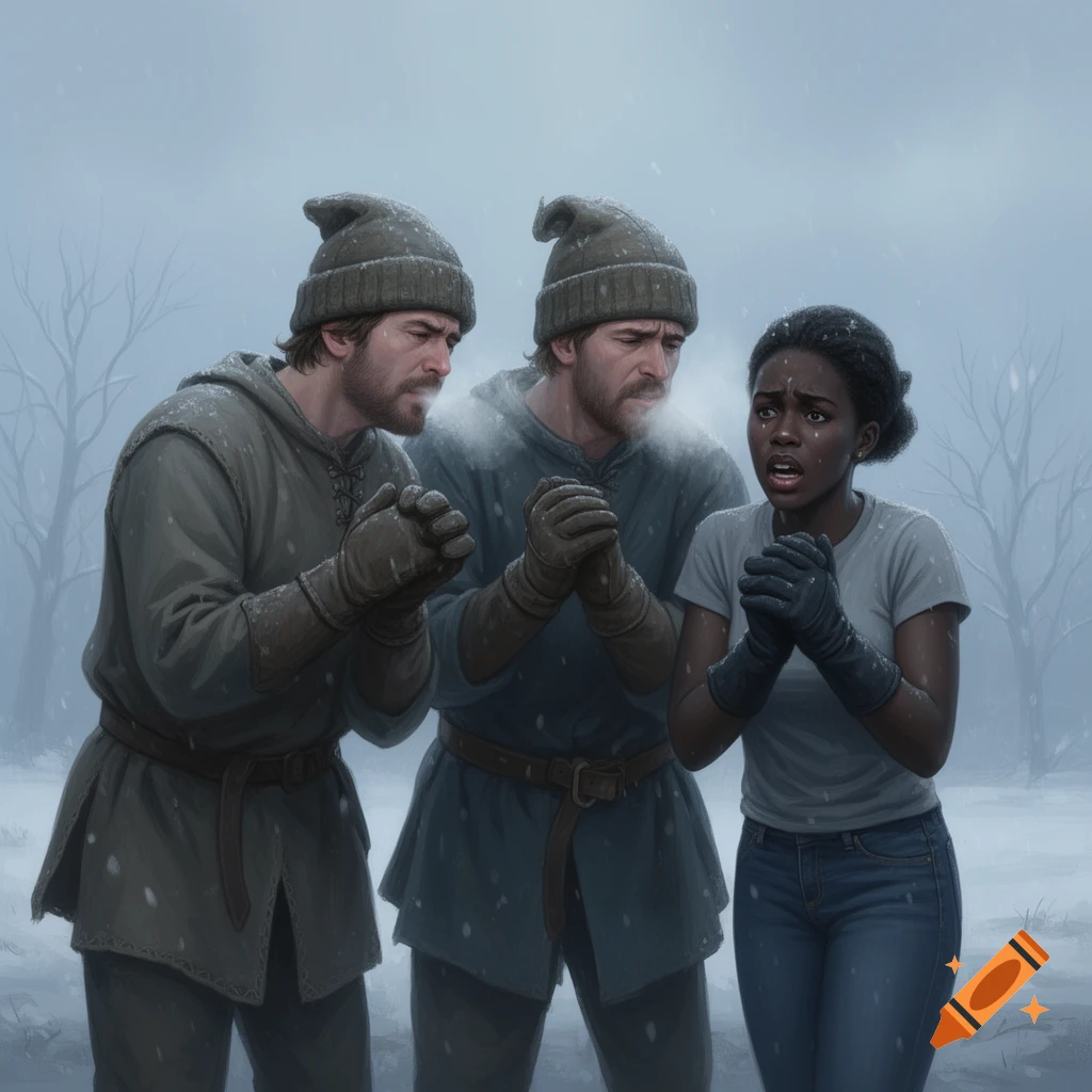 Three individuals, two men in tunics and a woman in modern attire ...