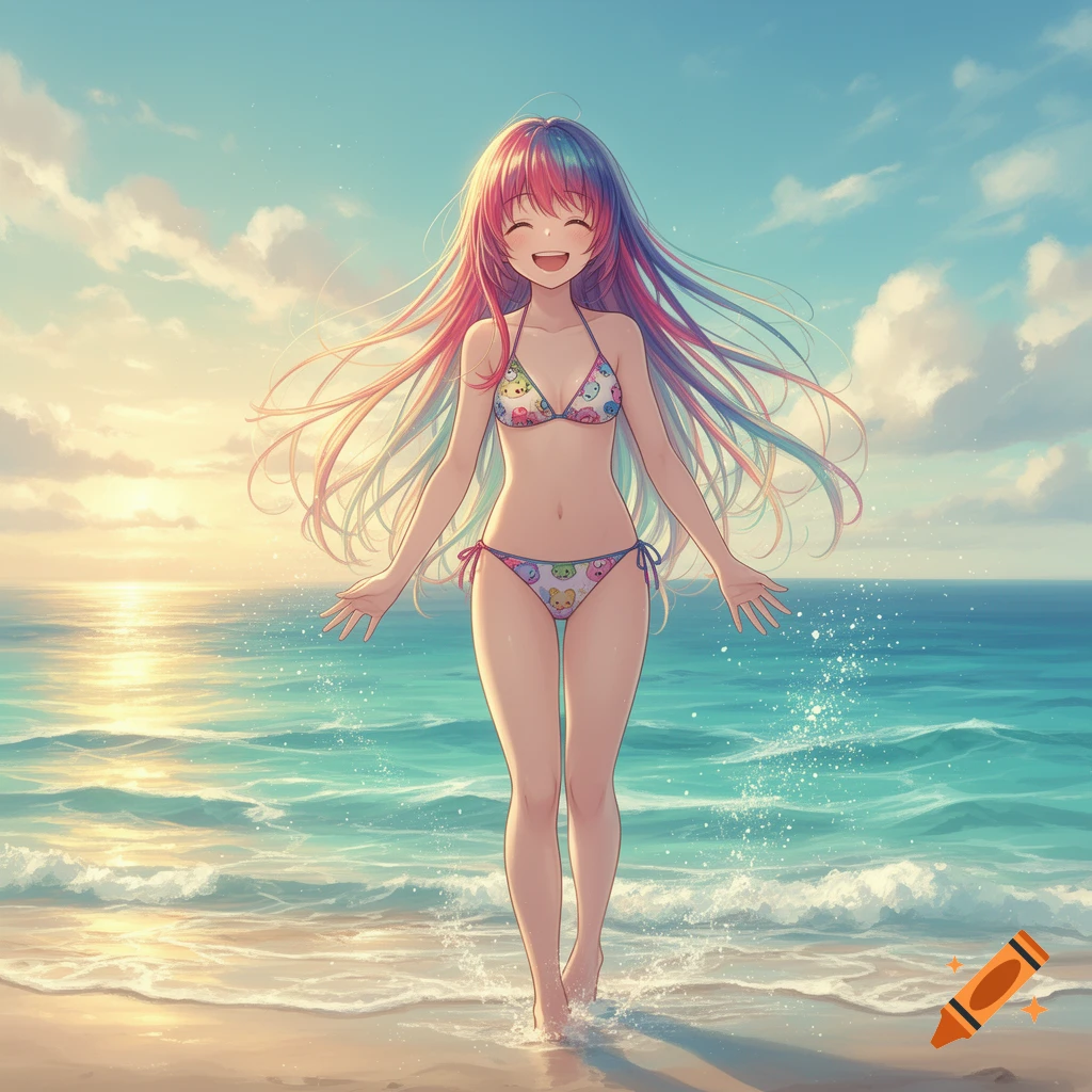 Smiling anime girl with long, multi-colored hair walking in the ocean water on a sunny beach, wearing a patterned bikini.
