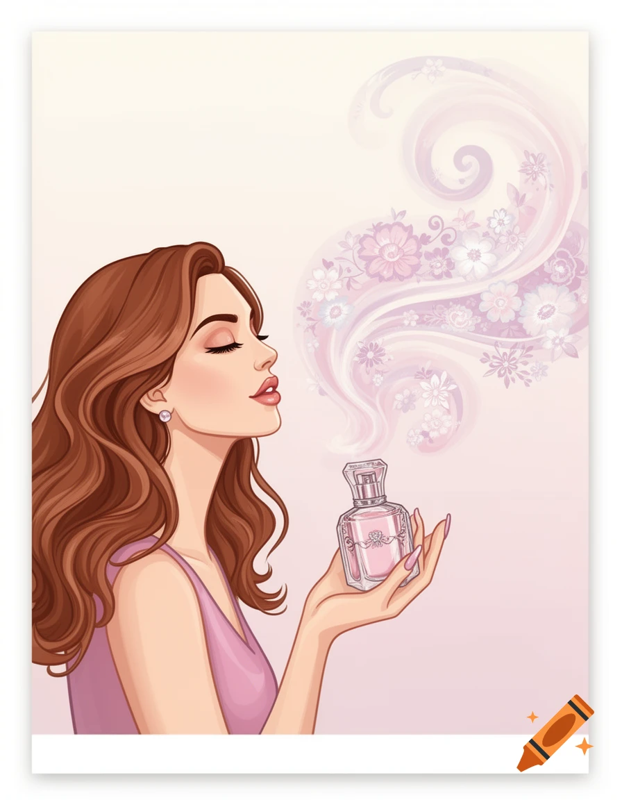 Vector illustration of a woman with closed eyes holding a perfume bottle, with floral scent trails swirling upwards.