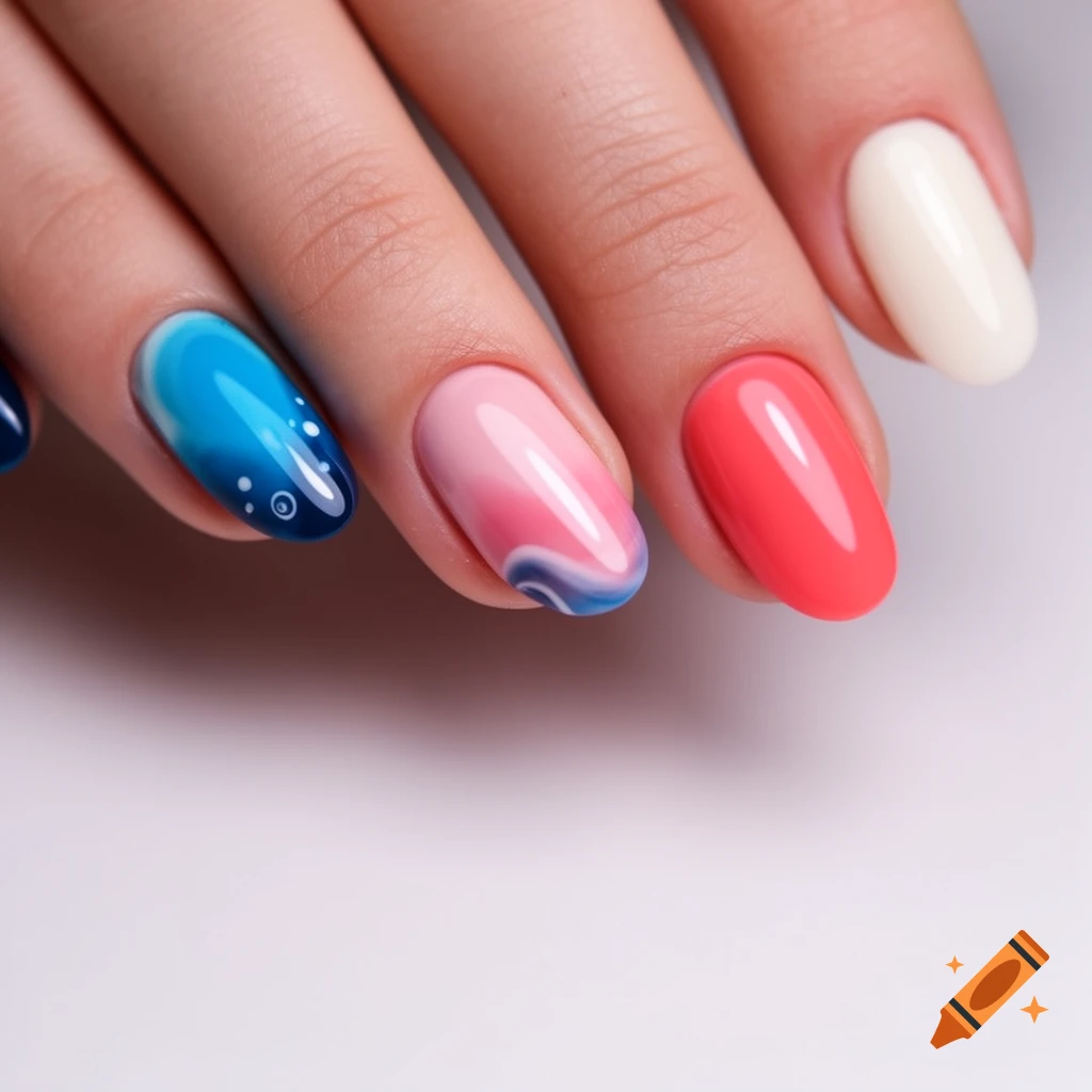 Close-up of a hand with colorful manicured nails, featuring ombre designs in blue, pink, and solid coral and cream.