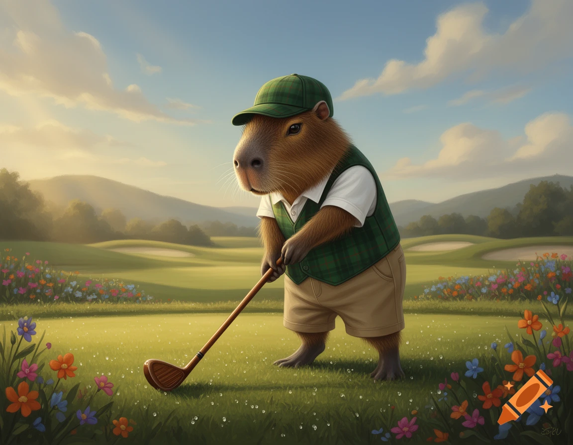 A capybara in a plaid vest and cap swings a golf club on a green course with wildflowers, under a sunny sky.