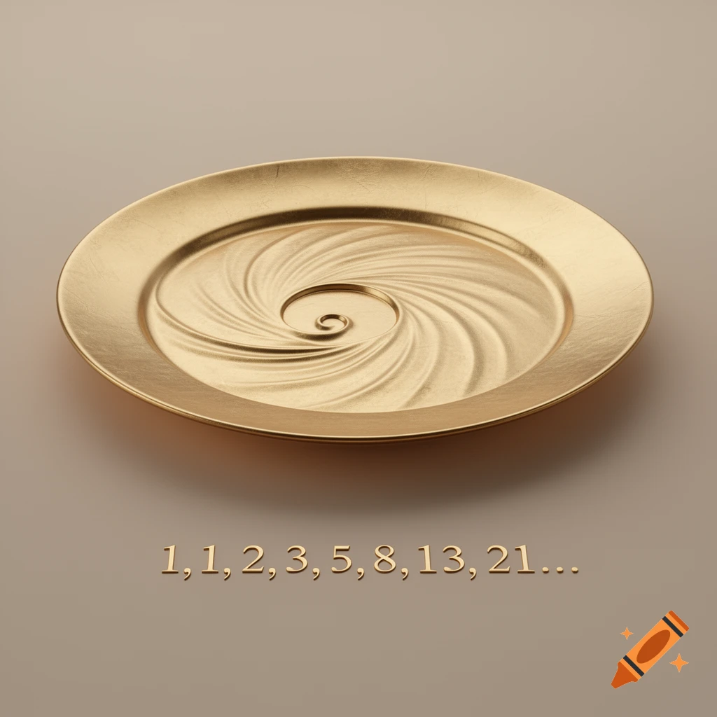 Golden plate with a spiral design, below which the Fibonacci sequence numbers are displayed.