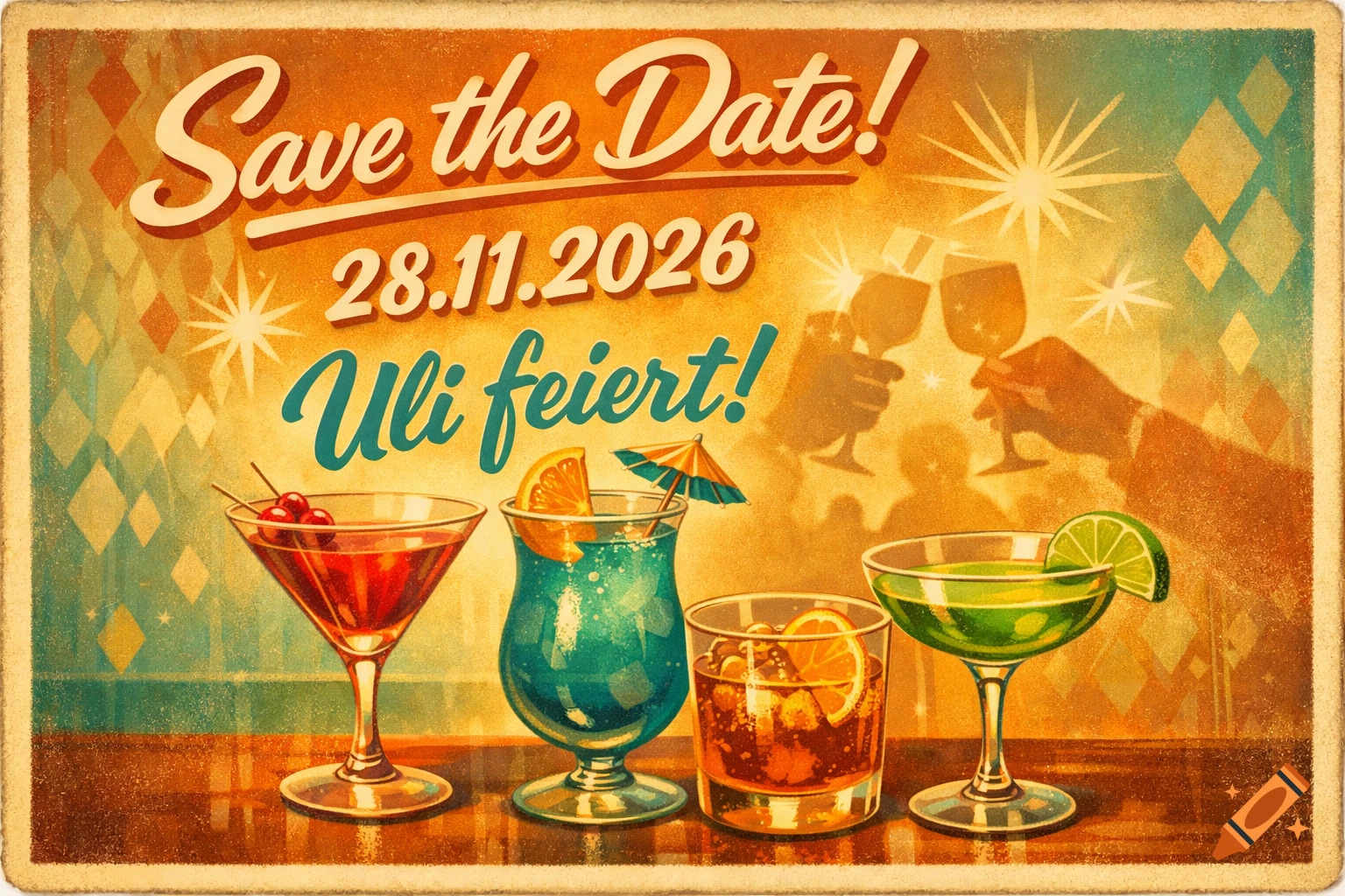 A retro-style postcard illustration with the text 'Save the Date! 28.11.2026 Uli feiert!' above four colorful cocktails.