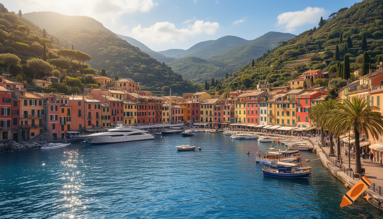 A vibrant Portofino-like harbor town with colorful buildings along a sunny blue bay, surrounded by lush green mountains, with boats docked.