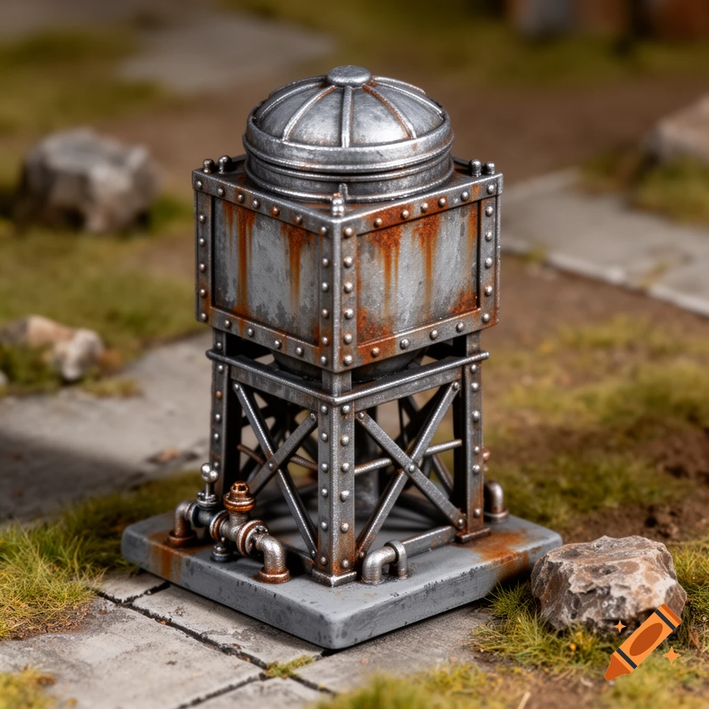 A detailed miniature of a square, rusty metal water tower with a domed top and pipes at its base, on a grassy ground.