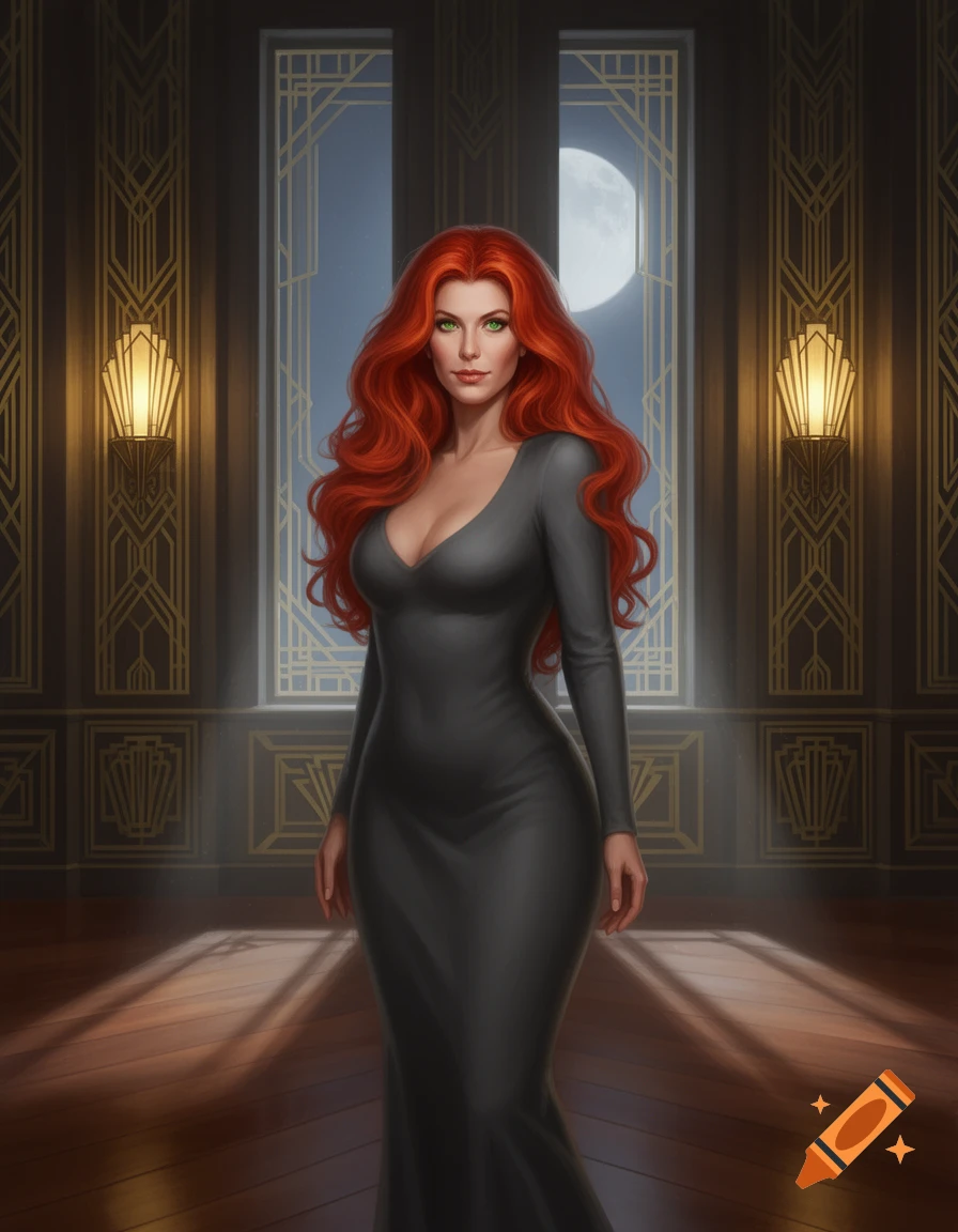 A red-haired woman with green eyes in a dark dress stands in an elegant art deco room with a large window and full moon.