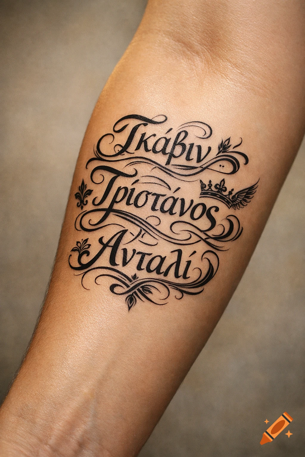 A photorealistic image of a tattoo on a person's forearm, featuring three names in elegant Greek calligraphy with decorative flourishes.