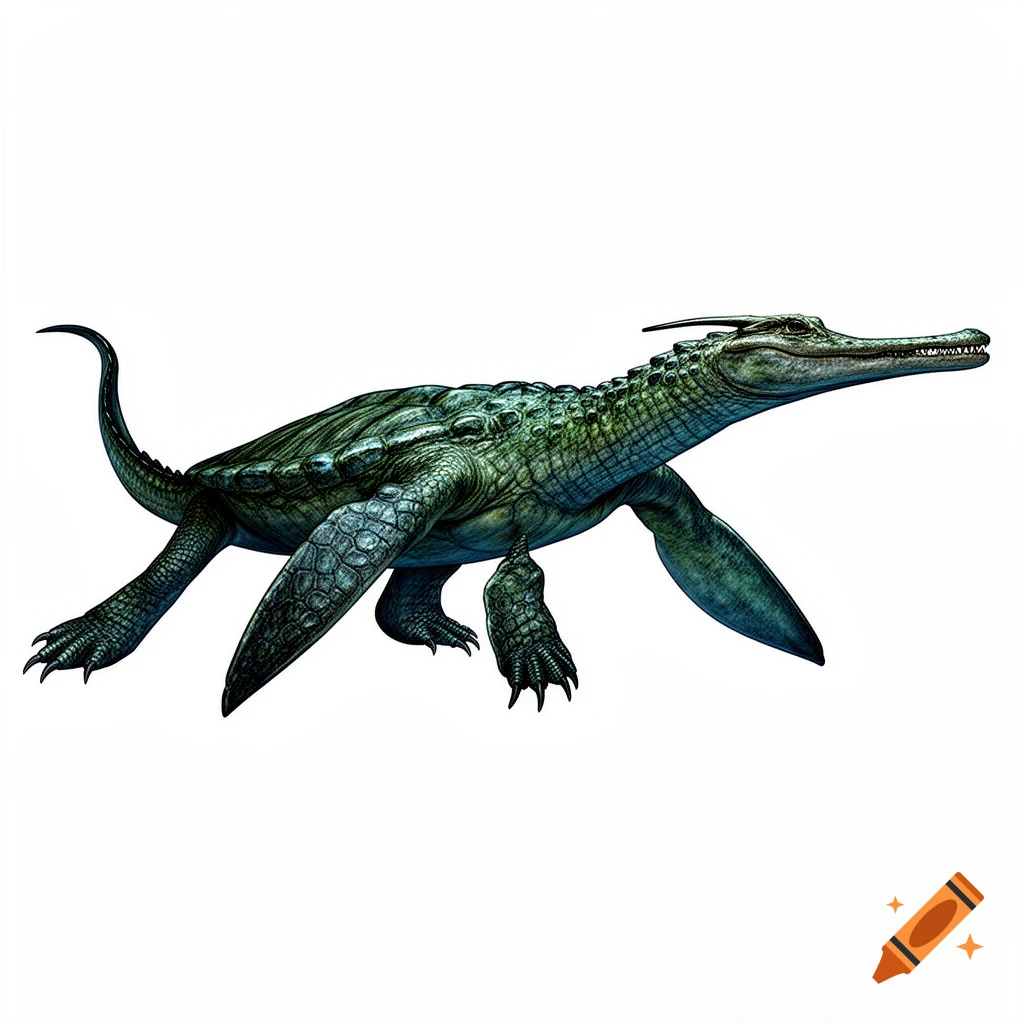 A fearsome green and blue reptilian creature with a crocodilian head, flippers for front limbs, and clawed hind feet on a white background.