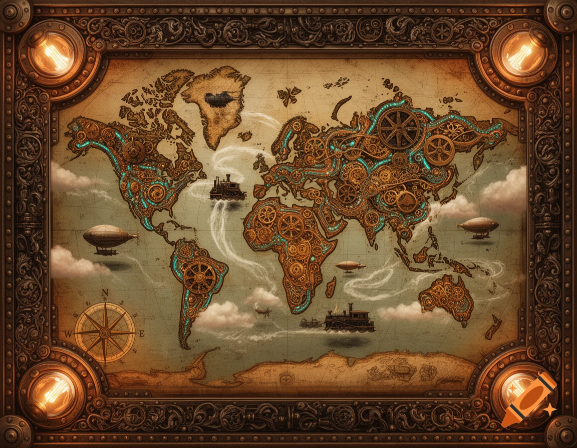 An elaborate steampunk world map with intricate gears and clockwork ...