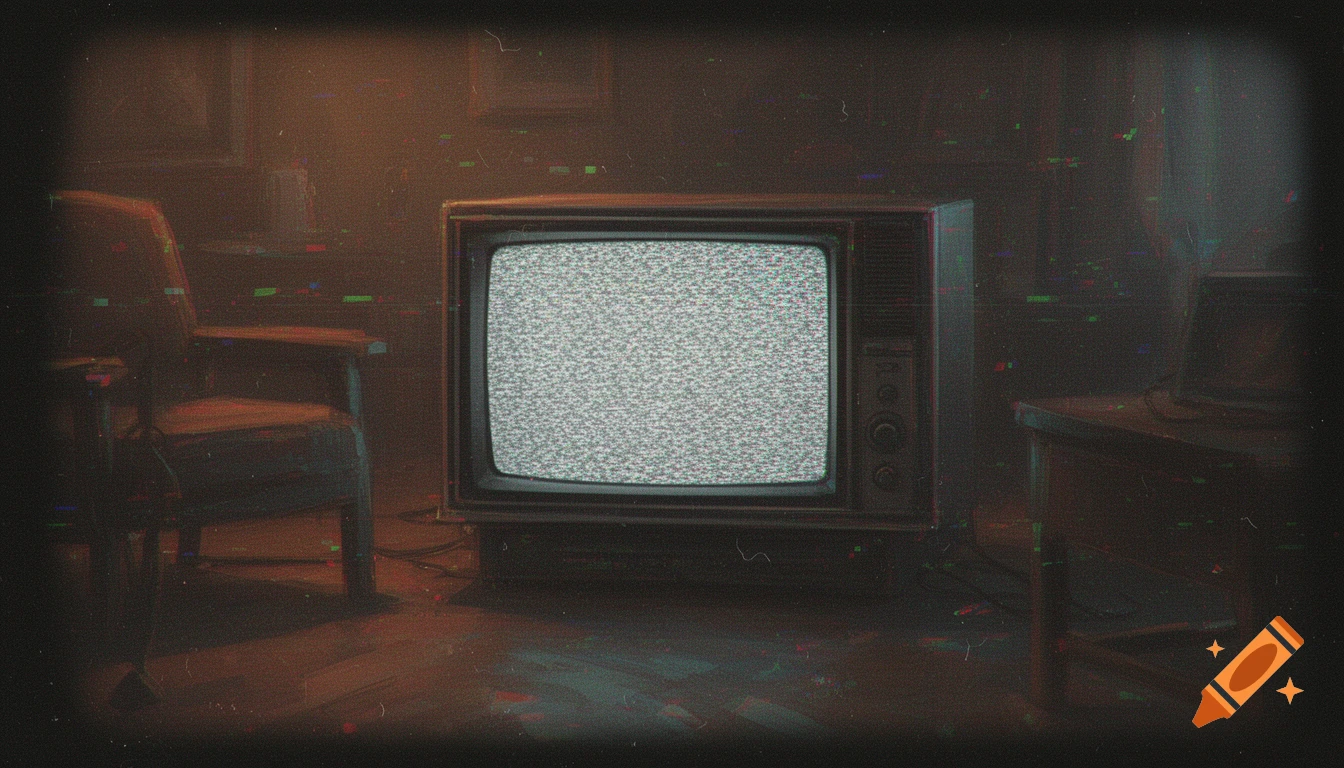 A retro television with a static screen sits in a dimly lit, grainy room with an old chair and table.
