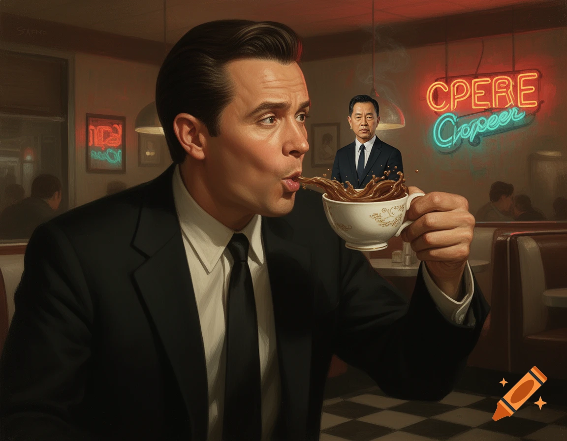 A man in a suit spits coffee in a retro diner, with a tiny man in the splashing coffee. Neon signs in background.