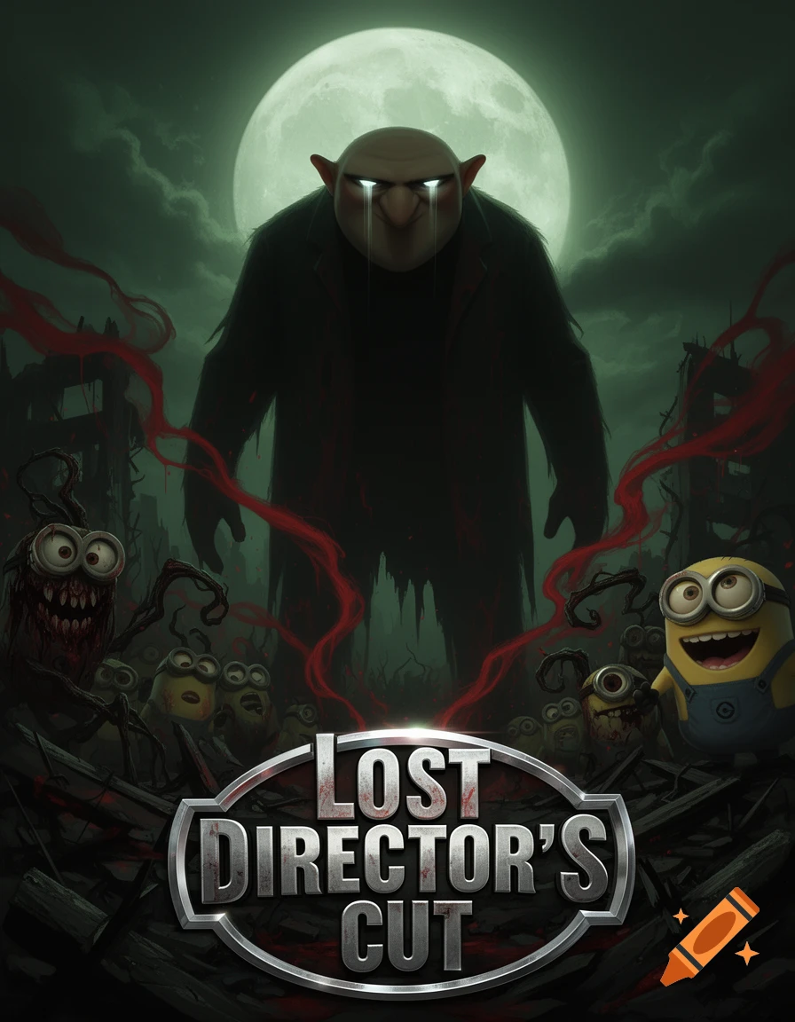 Horror movie poster with a giant, bald, crying creature under a full moon, surrounded by monster Minions, with 'LOST DIRECTOR'S CUT' title.