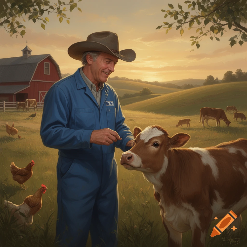 A smiling man in a cowboy hat and blue overalls pets a calf on a grassy farm at sunset, with a red barn, chickens, and cows in the background.