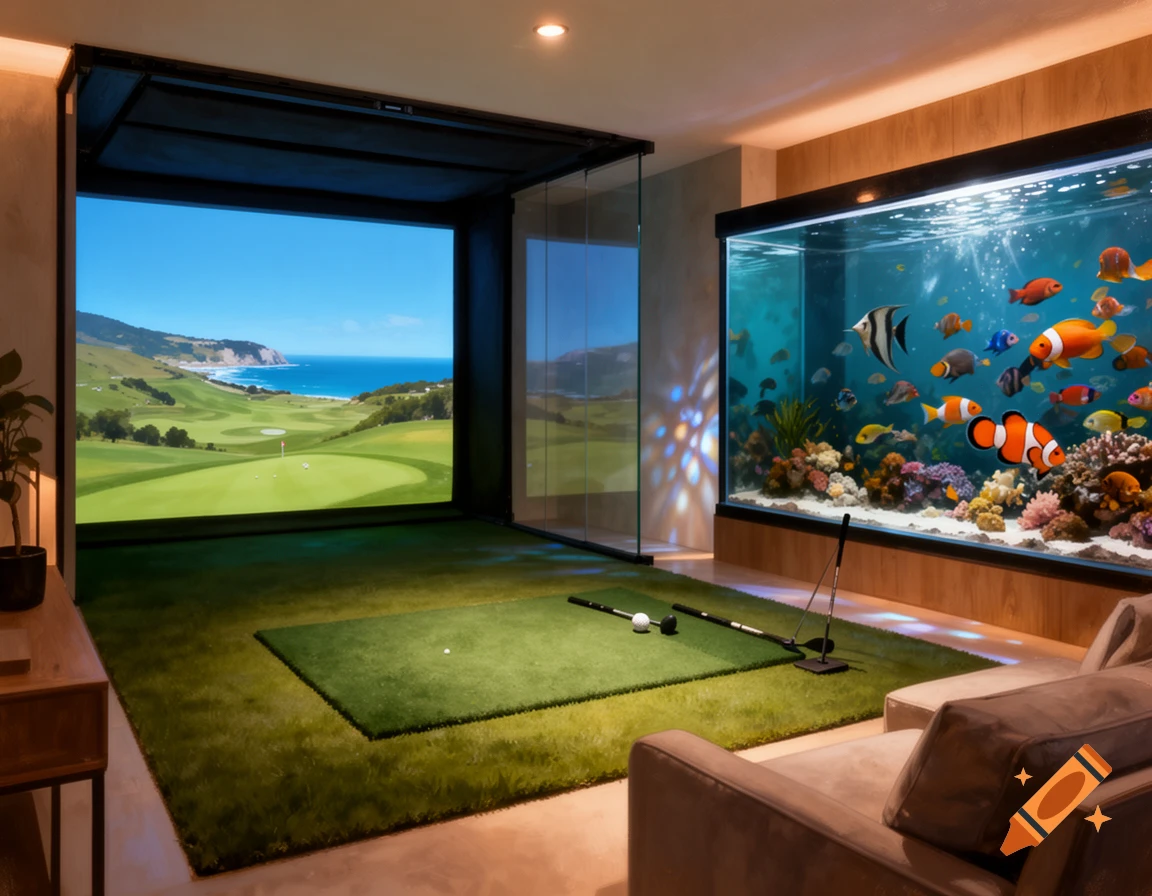 An indoor golf simulator room with a large screen showing a golf course by the ocean, and a huge fish tank.