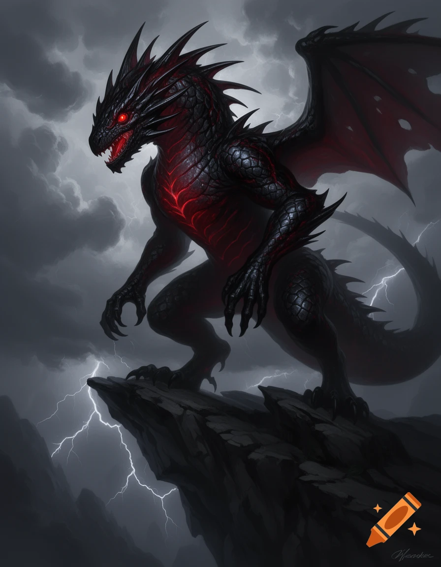 A menacing black and red dragon with glowing red eyes stands on a rocky ...