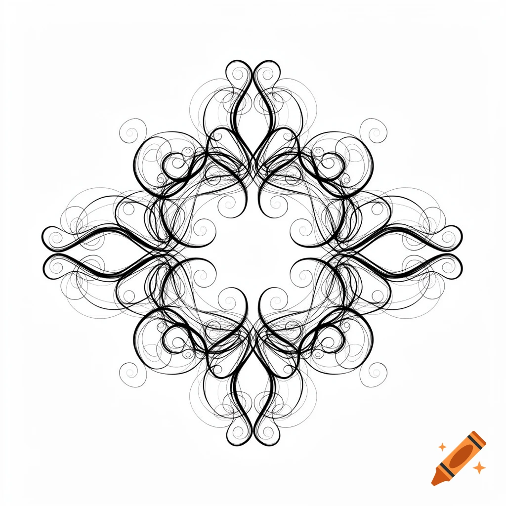 Symmetrical black and white ornamental swirl design with intricate curves and flourishes on a white background.