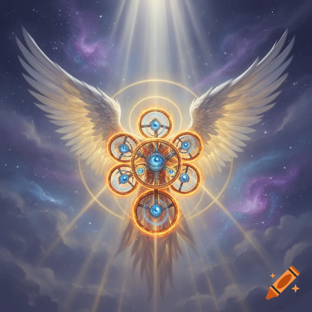 An ophanim angel with large white wings and a body of glowing golden wheels with blue eyes, against a starry, cloudy night sky.