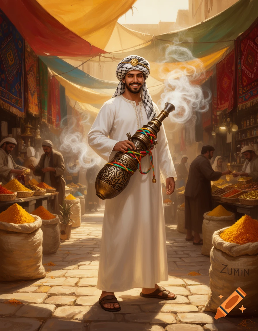 A smiling Arab man in traditional white robes and a white and black turban holds a large, ornate golden hookah emitting smoke in a bustling Middle Eastern spice market.