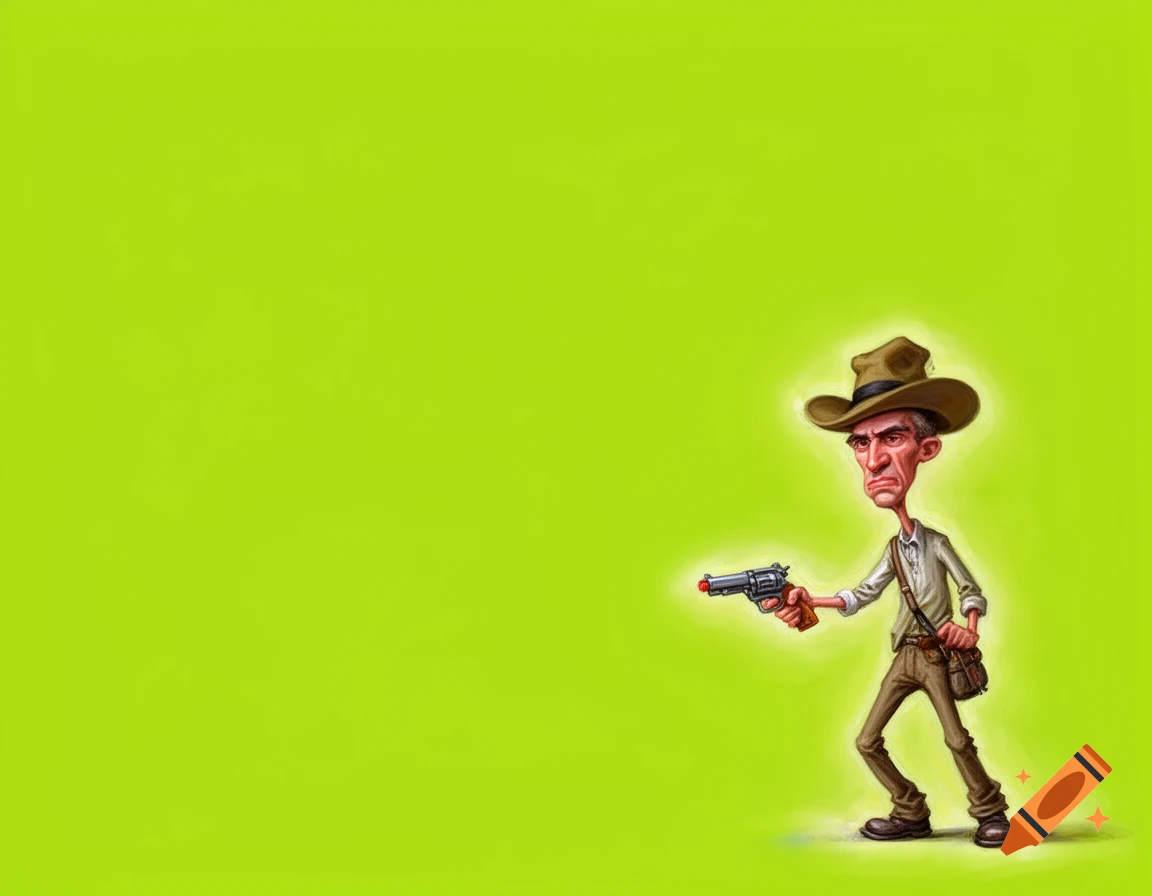 A funny, skinny cartoon man in a cowboy hat holds a gun, standing on a solid green background.