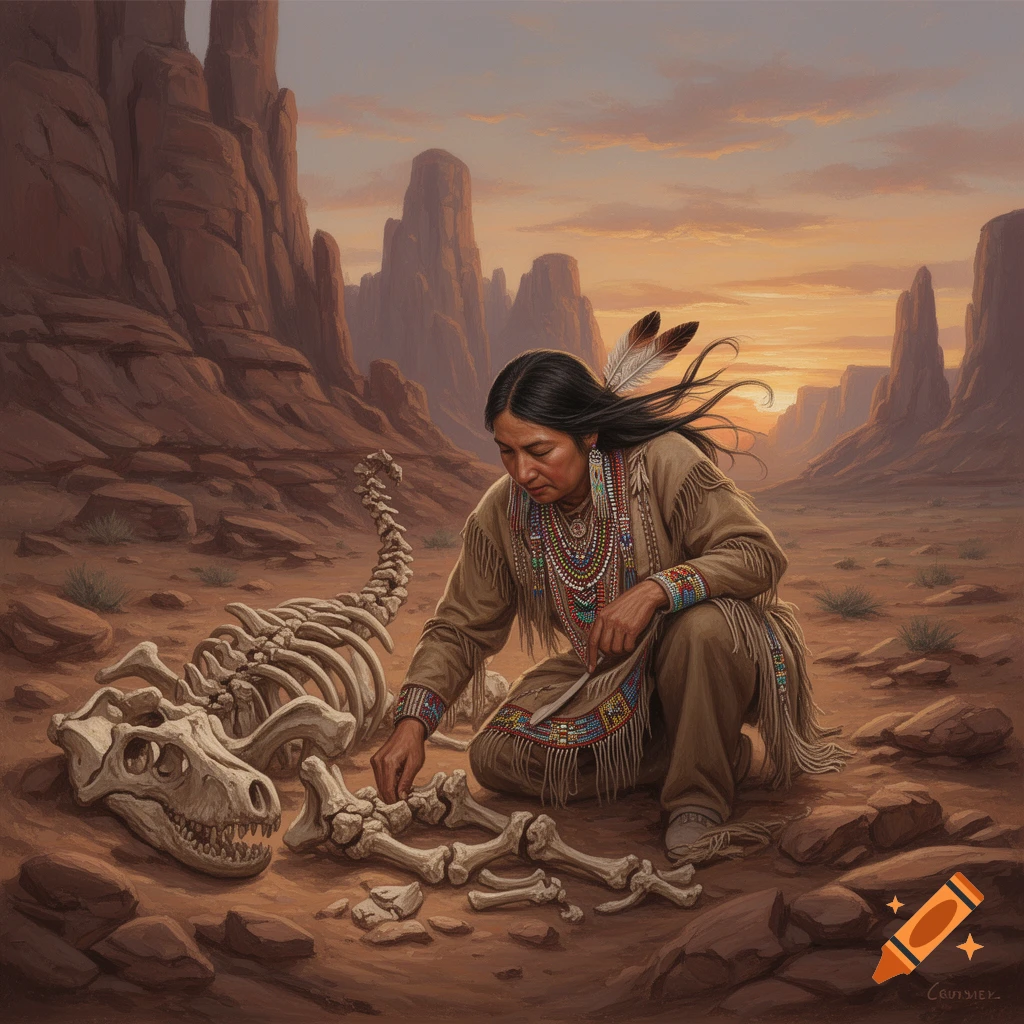 A Native American person in traditional attire examines a dinosaur skeleton in a desert canyon at sunset. Painted style.