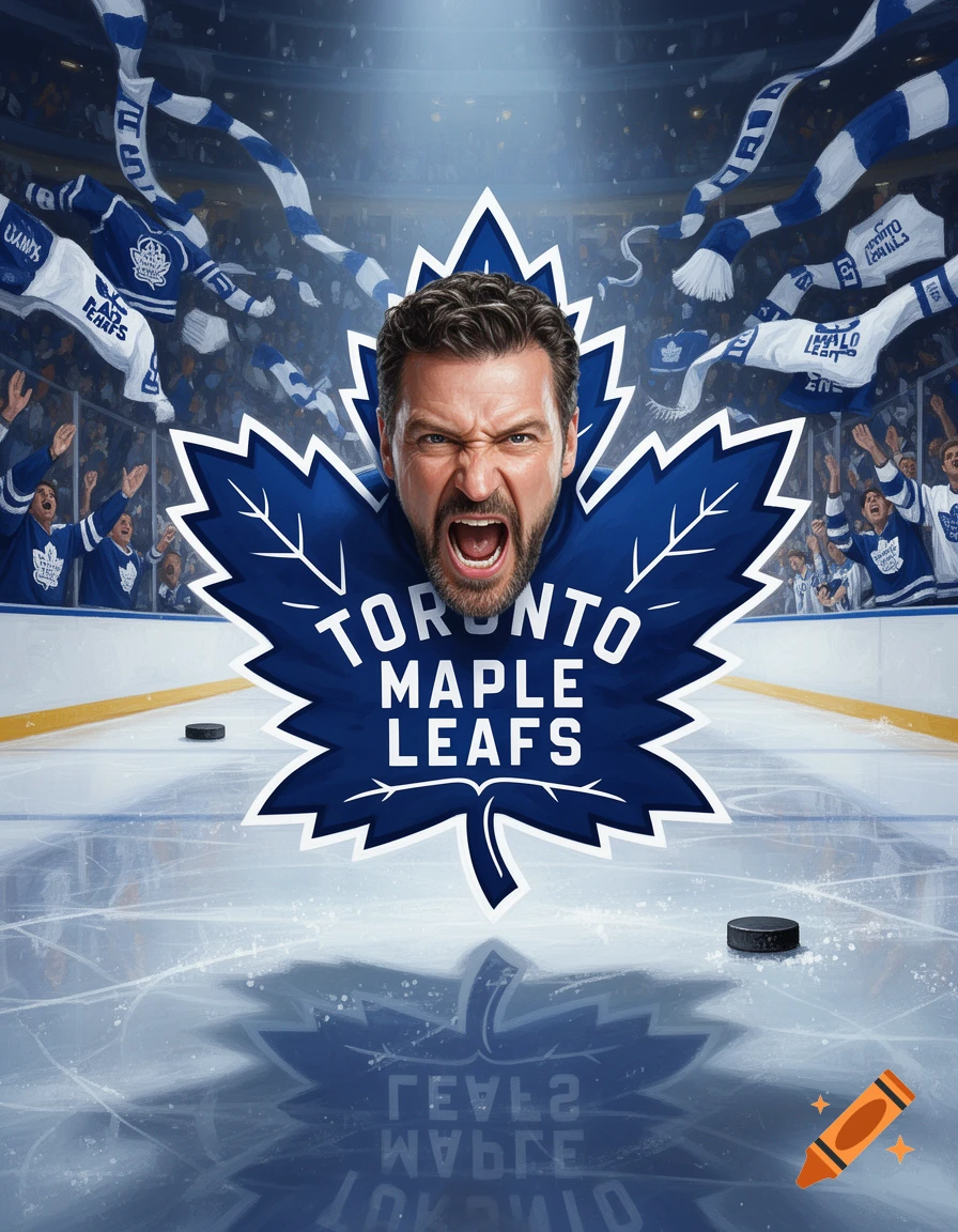 An angry man's face emerges from a Toronto Maple Leafs logo on an ice hockey rink, with cheering fans and waving team scarves in the background.