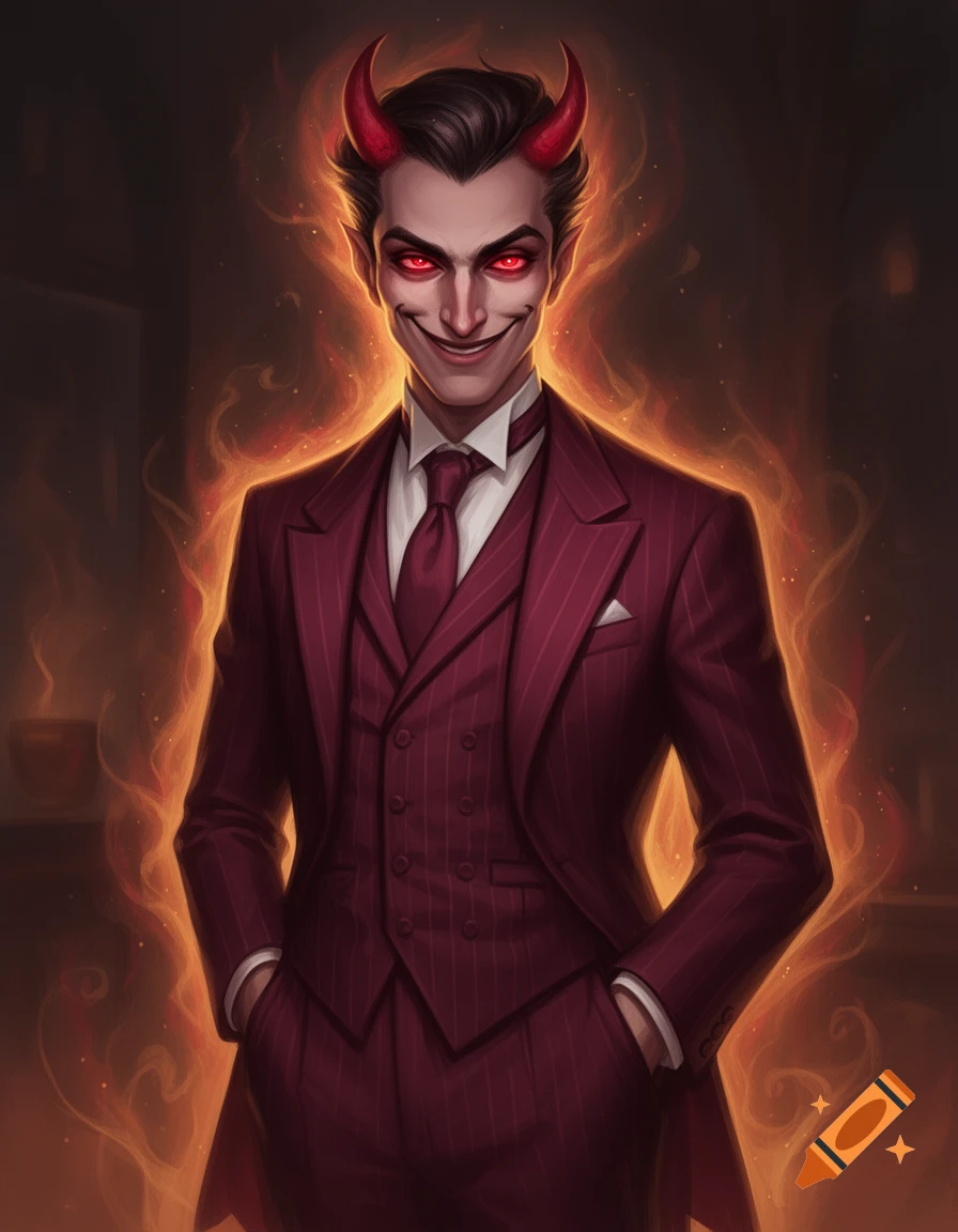 A stylized illustration of a smiling male demon with red horns, glowing red eyes, and a sharp smile, wearing a dark red pinstripe suit, surrounded by a fiery orange aura.