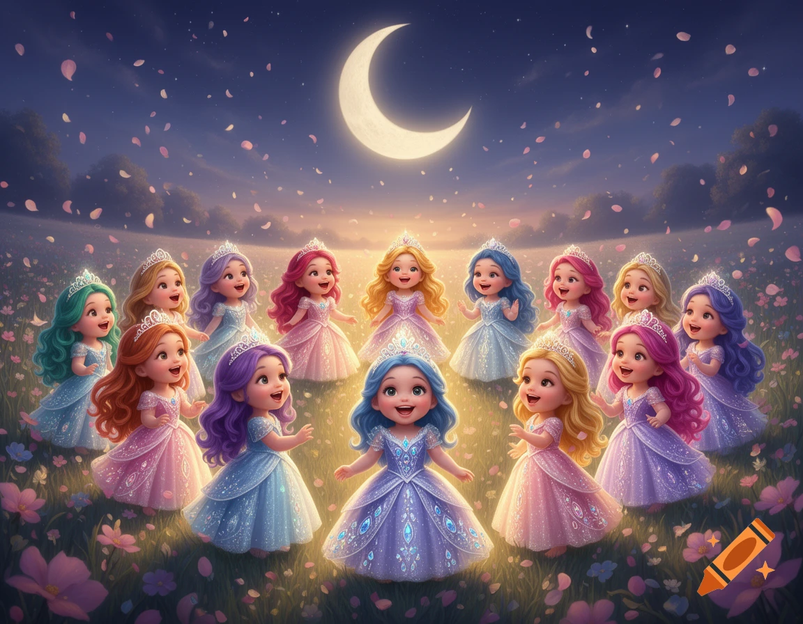 A group of cute, diverse princesses with sparkling dresses and tiaras gather in a moonlit, flower-filled field with falling petals.