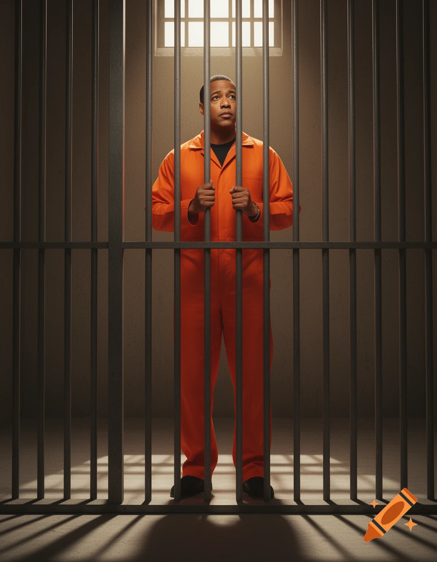 A man in an orange jumpsuit stands behind prison bars, looking up towards a window above.