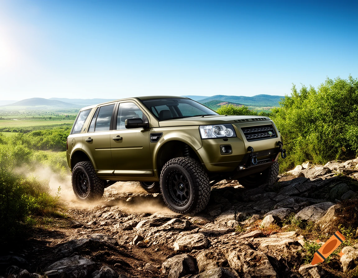 An olive green Land Rover SUV with a lift kit drives off-road on a rocky dirt path, kicking up dust, under a clear blue sky with green hills in the background.