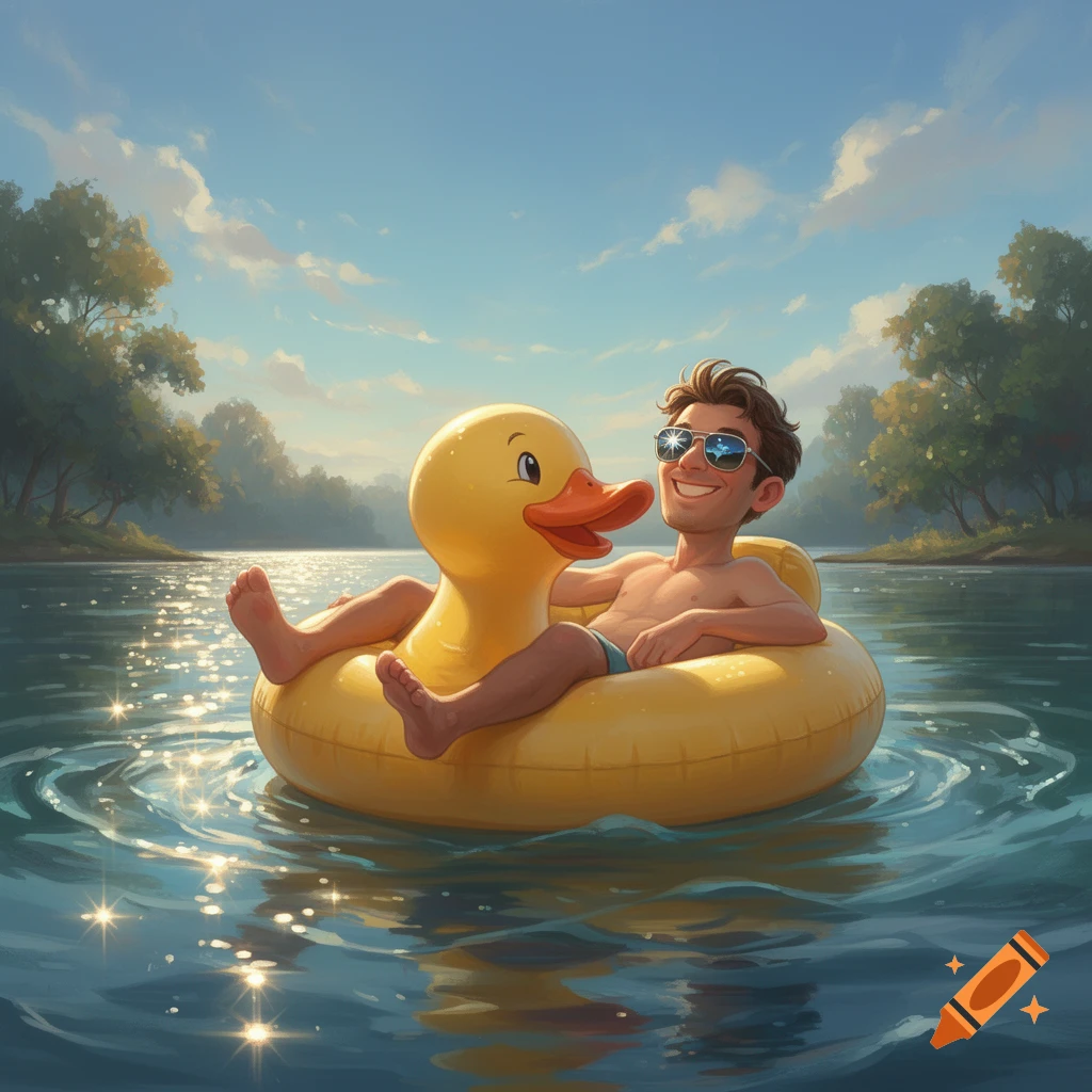 A smiling cartoon man in sunglasses floats on a bright yellow duck inner tube in a sunny lake with trees.