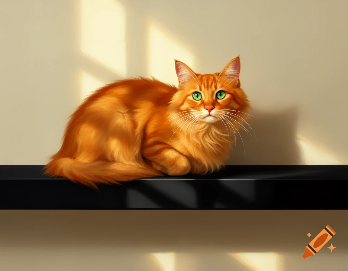 An orange cat with bright green eyes sits on a black shelf, bathed in ...