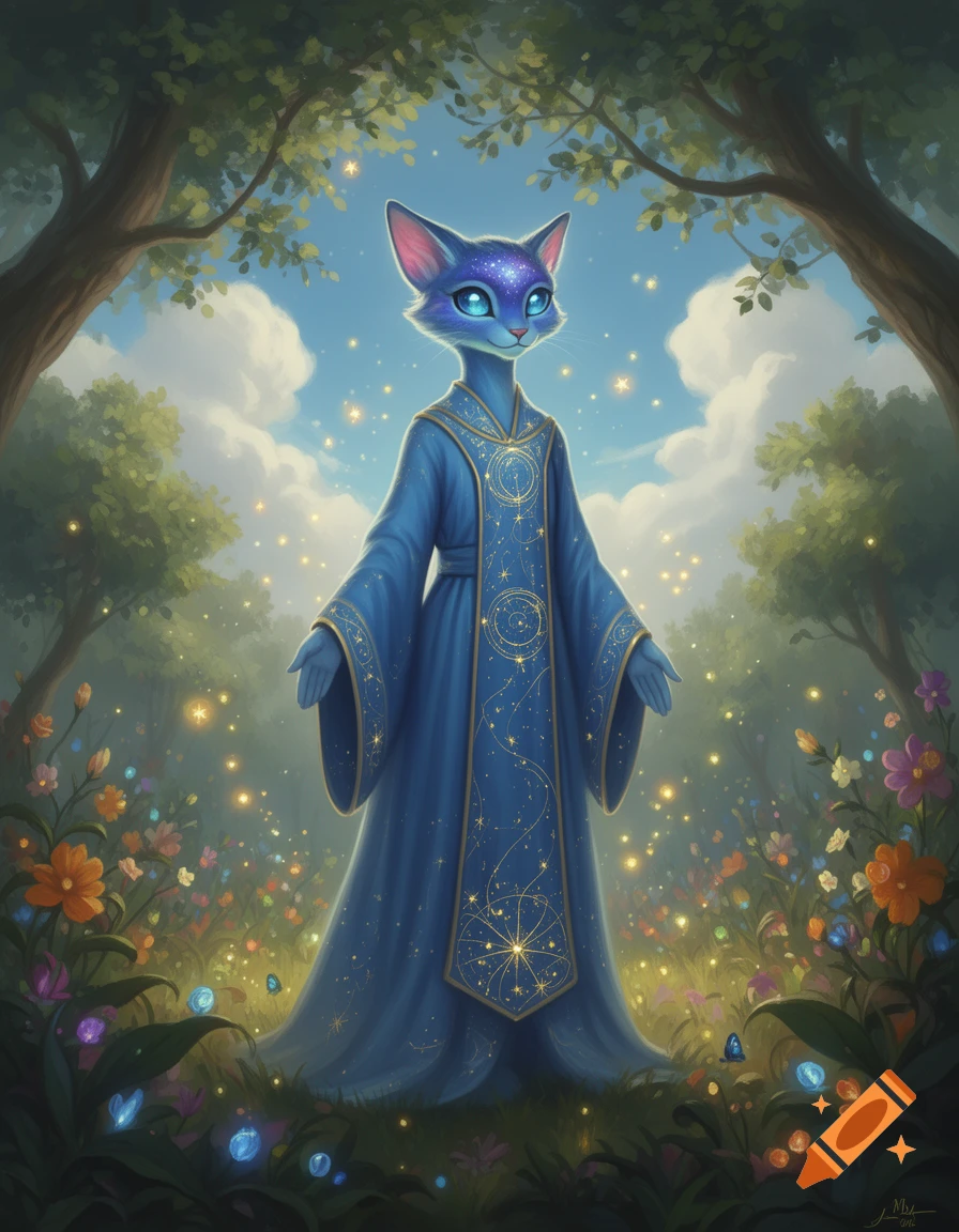 A blue, cat-like creature with glowing eyes and a starry forehead stands in a magical forest. It wears a long blue robe patterned with golden stars and constellations. Glowing flowers and fireflies surround it, with tall trees framing a bright, cloudy sky.