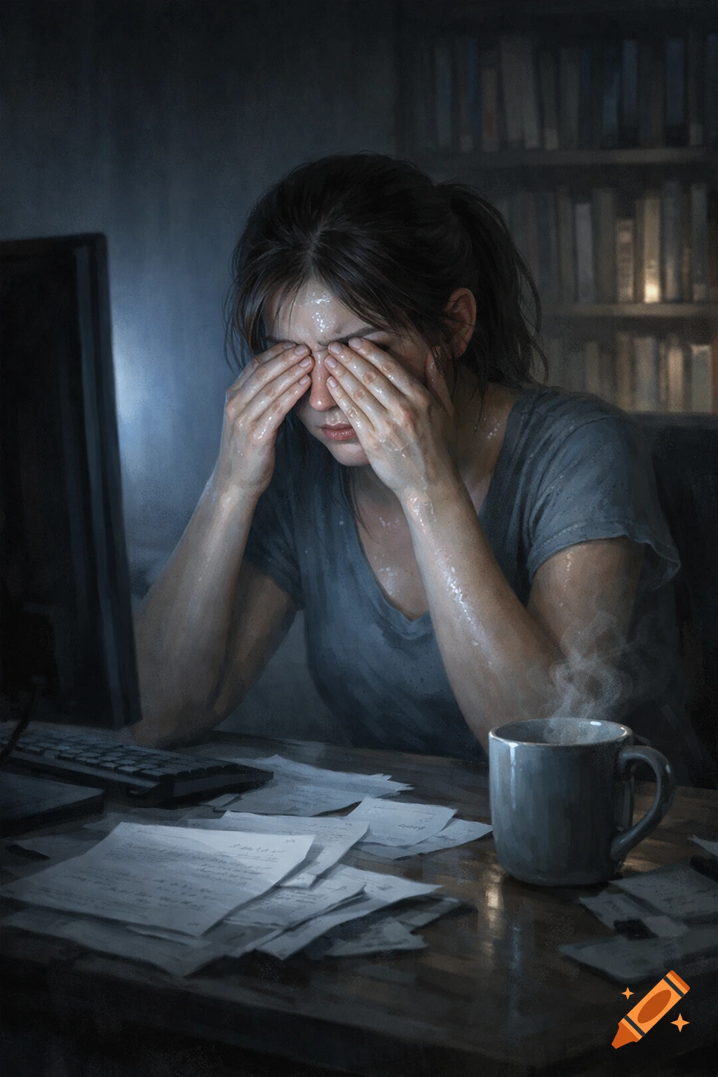 Digital painting of a tired woman rubbing her eyes while sitting at a desk with papers and a steaming mug, lit by a computer screen.