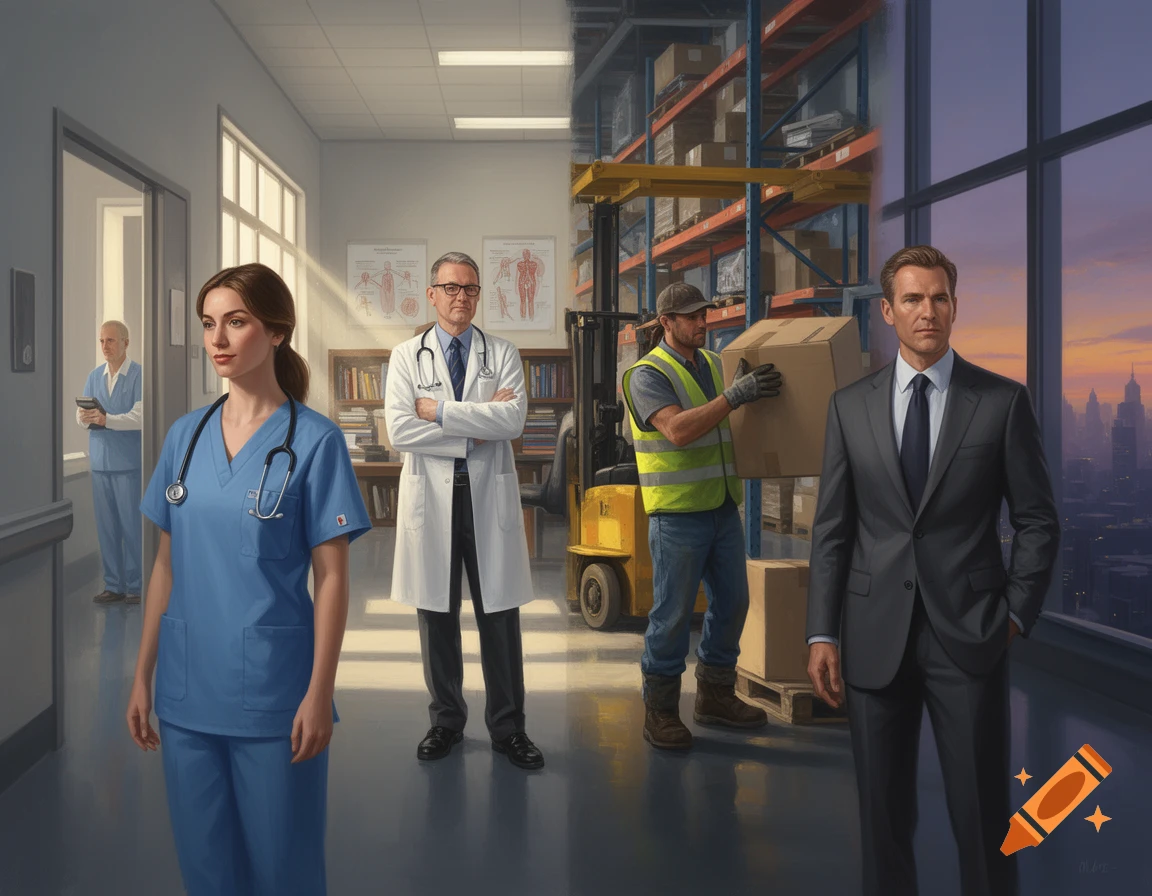 An illustration showing a nurse and doctor in a hospital hallway and a warehouse worker and CEO in a warehouse/office.