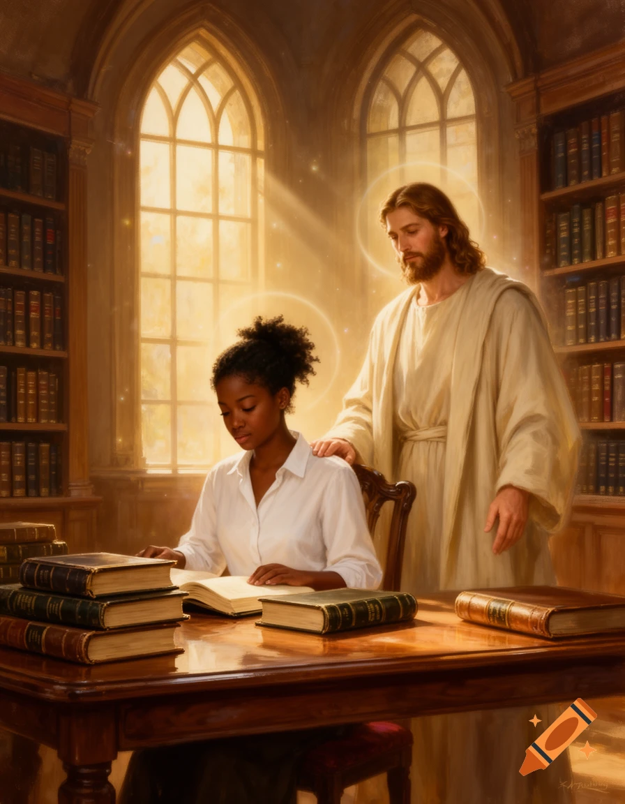 Painting of a black woman studying at a library table, with Jesus standing beside her under sunlit arched windows.