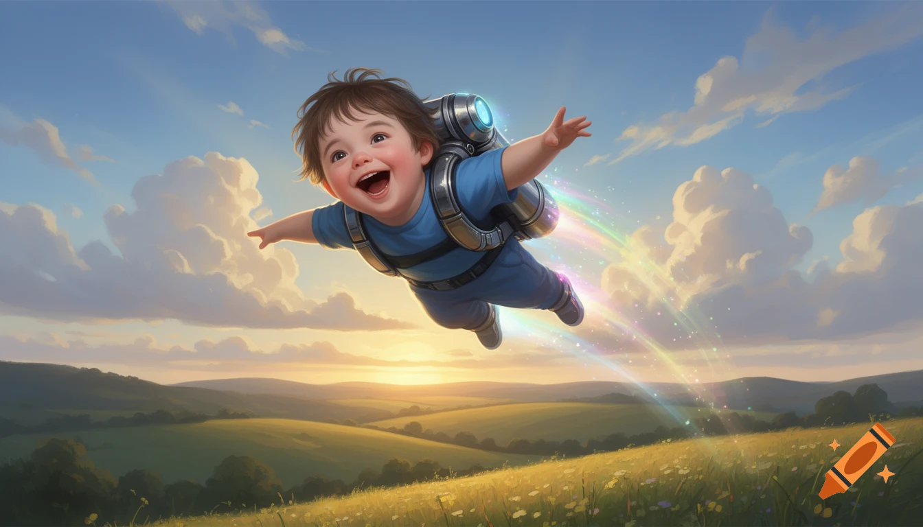 A happy child in a blue shirt flies with a metallic jet pack, leaving a rainbow trail, over a vibrant green landscape under a sunset sky.
