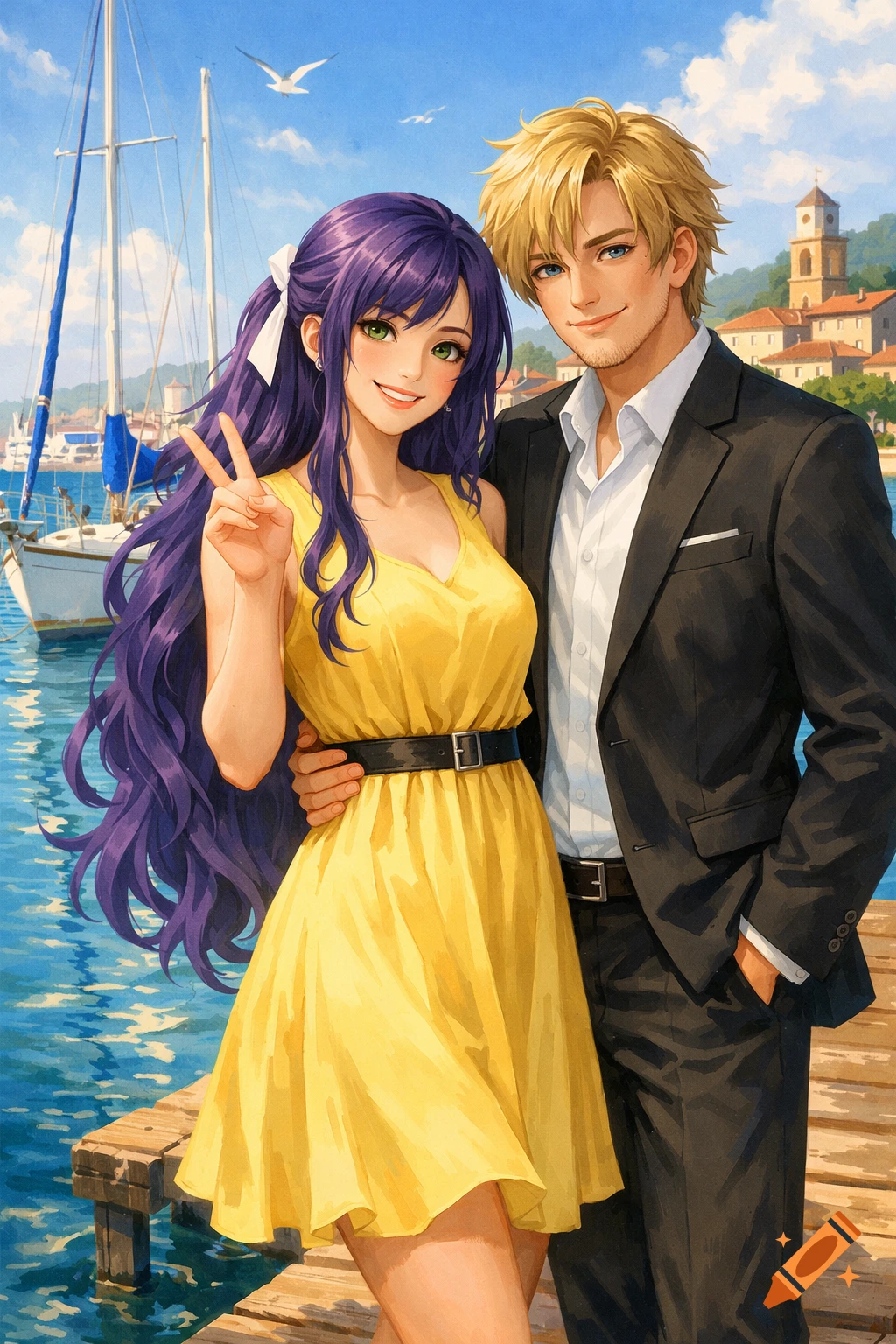 Anime-style couple on a pier with sailboats, woman with purple hair in yellow dress making a peace sign, man with blonde hair in suit.