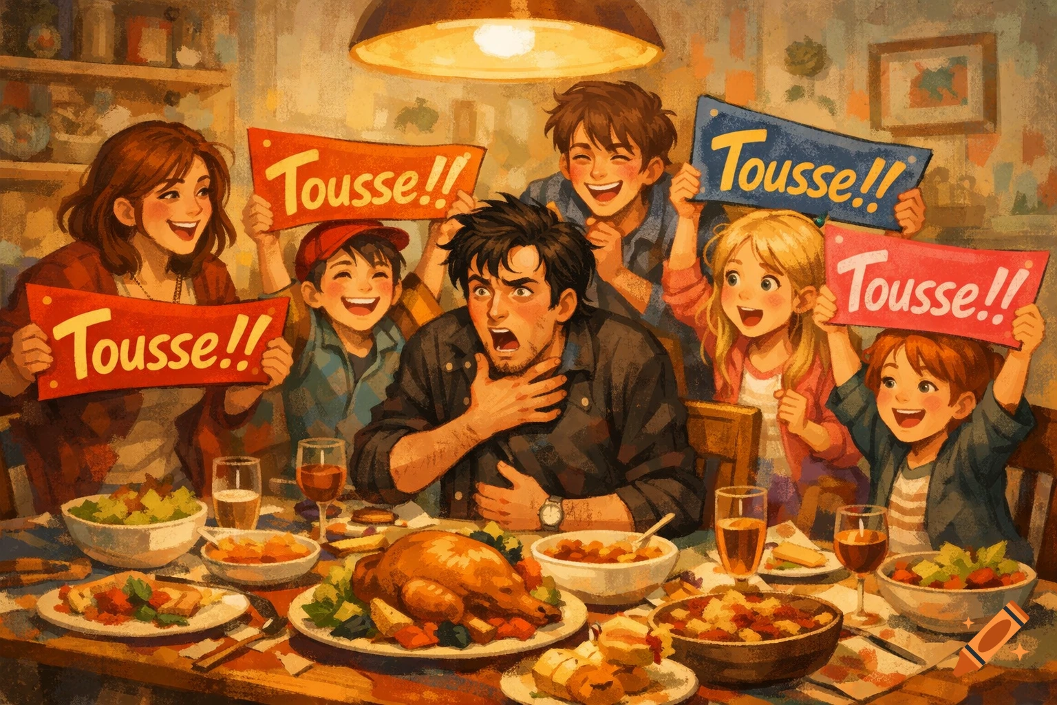 An illustration of a father choking at a family dinner, while his smiling family members hold up signs that read 'Tousse!!'.