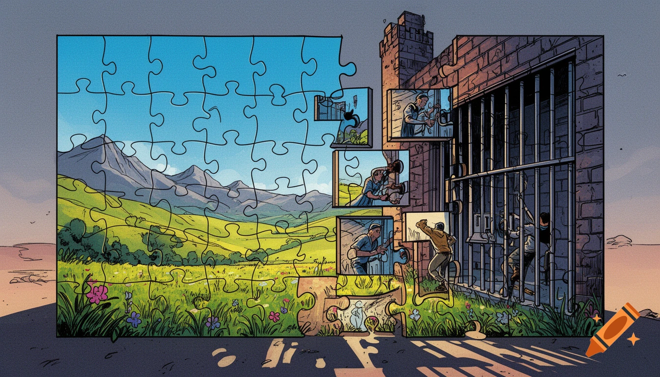 Comic art illustration showing a vibrant green landscape and mountains as a puzzle, partially revealing a stone prison with figures attempting to escape.