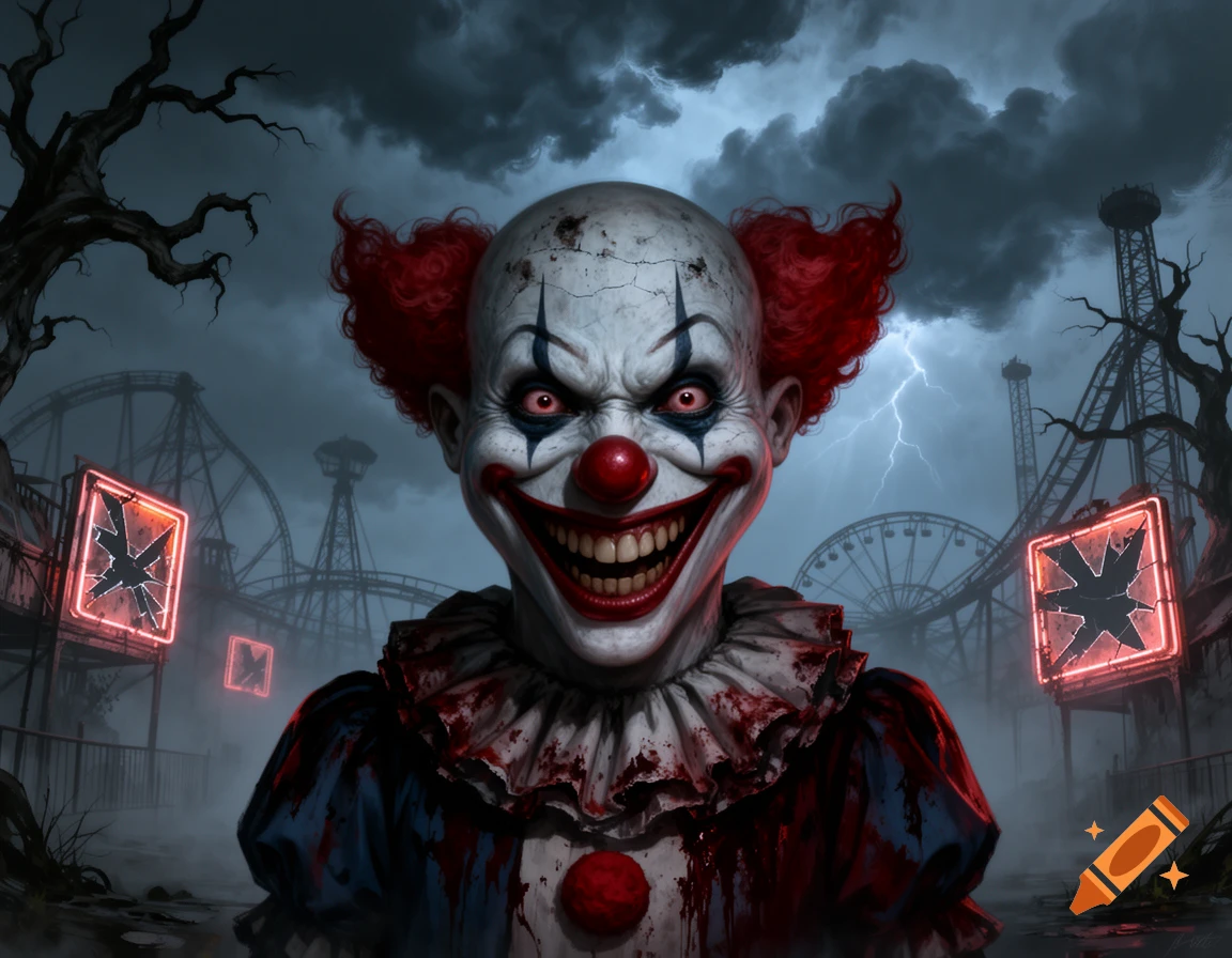 Creepy horror clown with a wide grin, red eyes, and blood-stained costume in a dark, stormy abandoned amusement park.